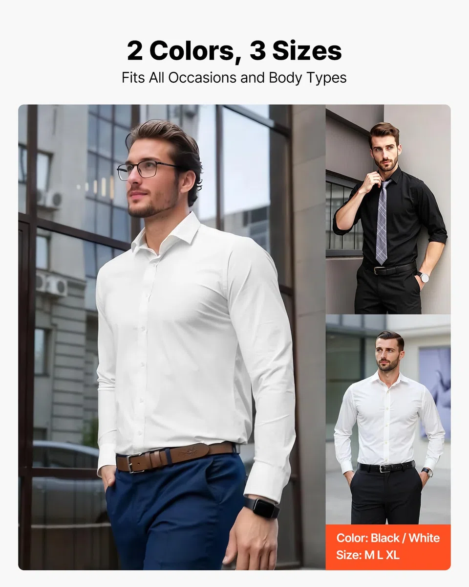 VEVOR Camicia da Uomo con Bottoni, Maniche Lunghe Antipiega, vestibilità Slim Fit in Tessuto Morbido ed Elasticizzato per Abbigliamento Casual o Formale da Lavoro, Lavoro, Matrimonio, Cena, Bianco