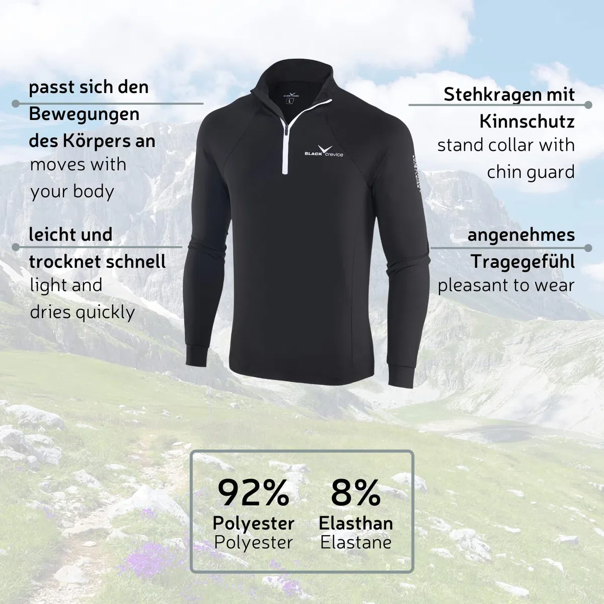 Black Crevice, BCR1120, Maglia Funzionale a Maniche Lunghe Uomo, Ideale Come Dolcevita per Sport Invernali