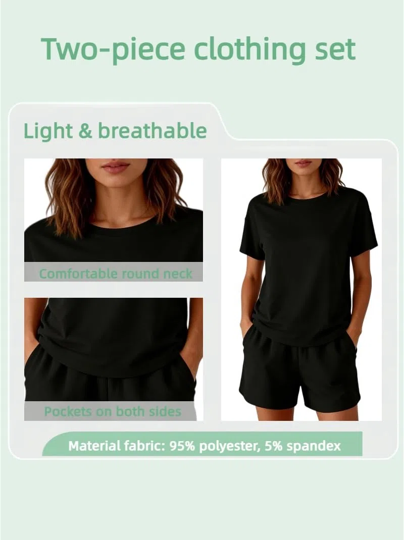Completo Donna Estivo 2 Pezzi Casual Set Pantaloncini con Tasche e Maniche Corte Elegante Girocollo Abbigliamento Sportivo Tuta Donna Ginnastica per Jogging Training Casa Fitness