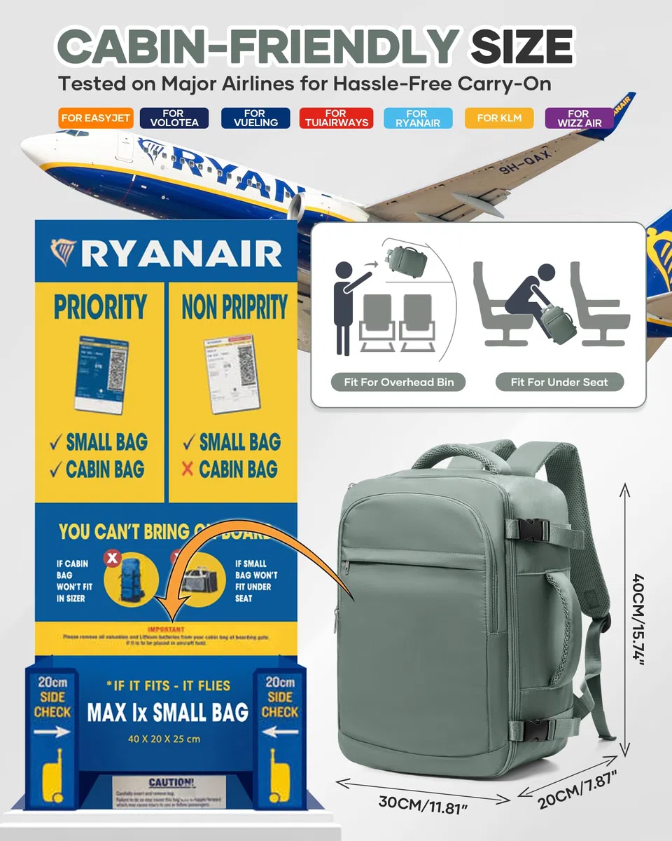 Zaino da Viaggio 40x30x20 Vueling Zaini Impermeabile Aereo Ryanair 40x20x30 Wizzair Zaino per Bagaglio sotto sedile - Verde