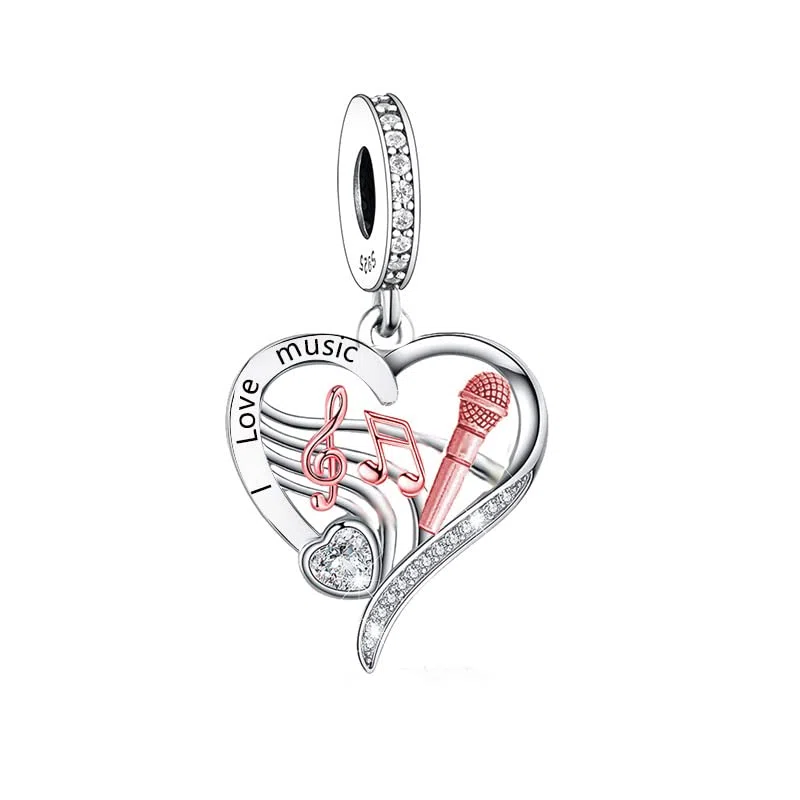 Ciondolo a forma di riccio, con scritta "Mom Music Dance Love Heart Dog Sister ADHD Angel Wing Rose Gold Crystal Bead Ciondolo in argento Sterling 925 compatibile con braccialetti Pandora Moments, 4mm
