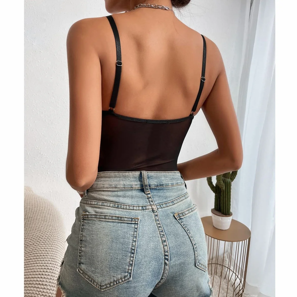 Body da Donna Sexy Spaghetti Cinturino Mesh Bodysuit Patchwork a Rete Trasparente Jumpsuits Senza Maniche Elasticizzato Aderente Going Out Leotard Top