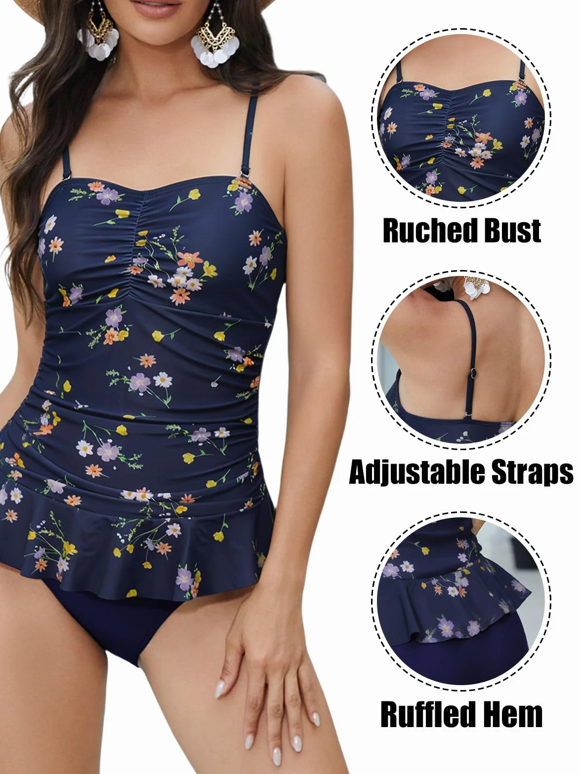 Rayson Costume da Bagno Donna 2 Pezzi Ruffle Push up Curvy Piega Tankini Donna Mare e Slip da Bagno Beachwear Controllo Pancia