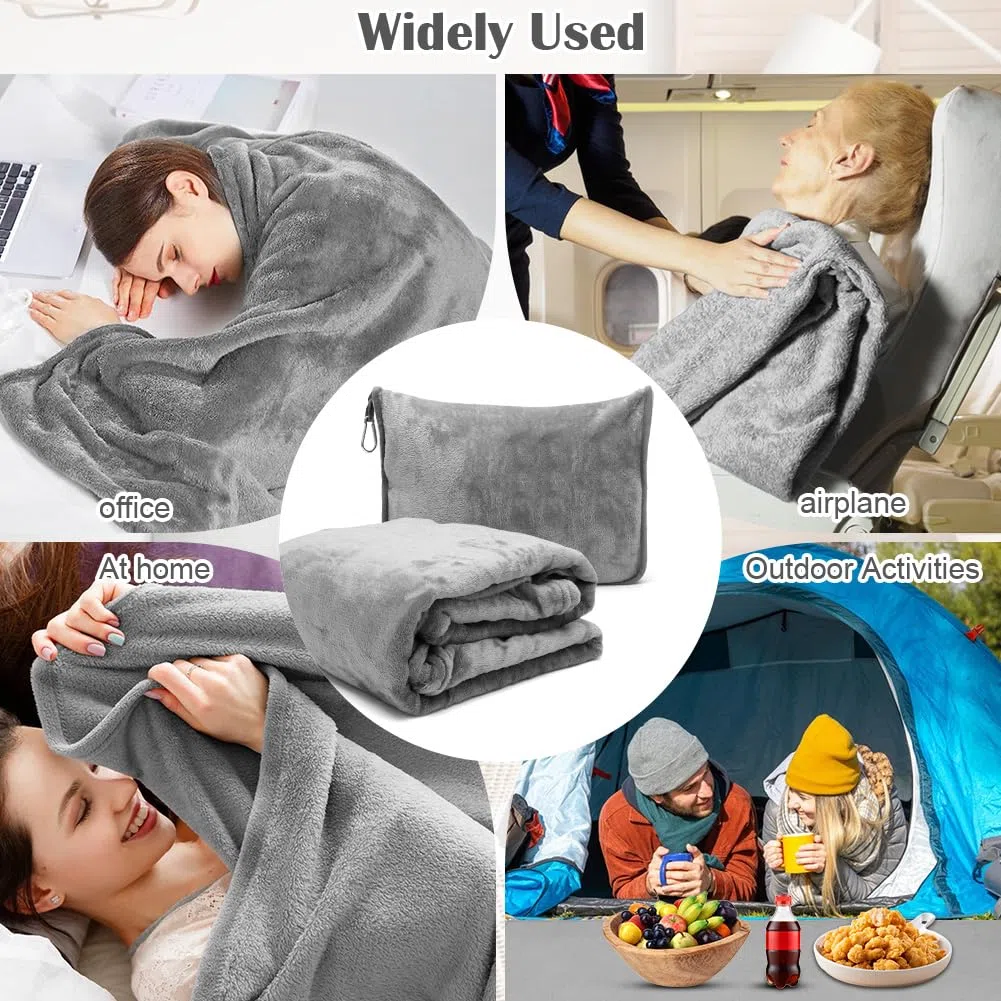 2 in 1, coperta da viaggio e cuscino da viaggio con chiusura lampo, multifunzione, morbida e calda, coperta da aereo, coperta compatta per aereo, auto, ufficio, 127 x 152 cm (grigio B)