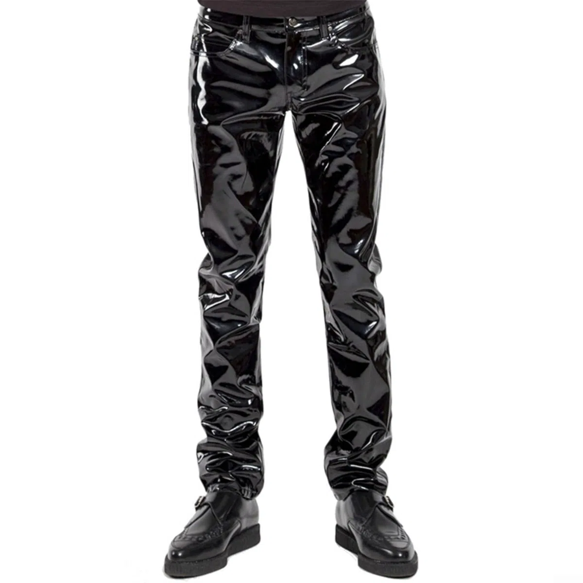 Pantaloni in pelle da uomo, in finta pelle nera, in PVC, pantaloni da motociclista a vita bassa, leggings lunghi per club, danza, palcoscenico, spettacoli gotici
