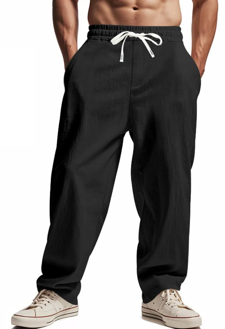 Pantaloni Lino Uomo Estivi Lunghi con Tasche e Coulisse Casual Pantaloni Uomo Leggeri Larghi Comodo con Elastico in Vita Loose Fit Pantalone Yoga Spiaggia