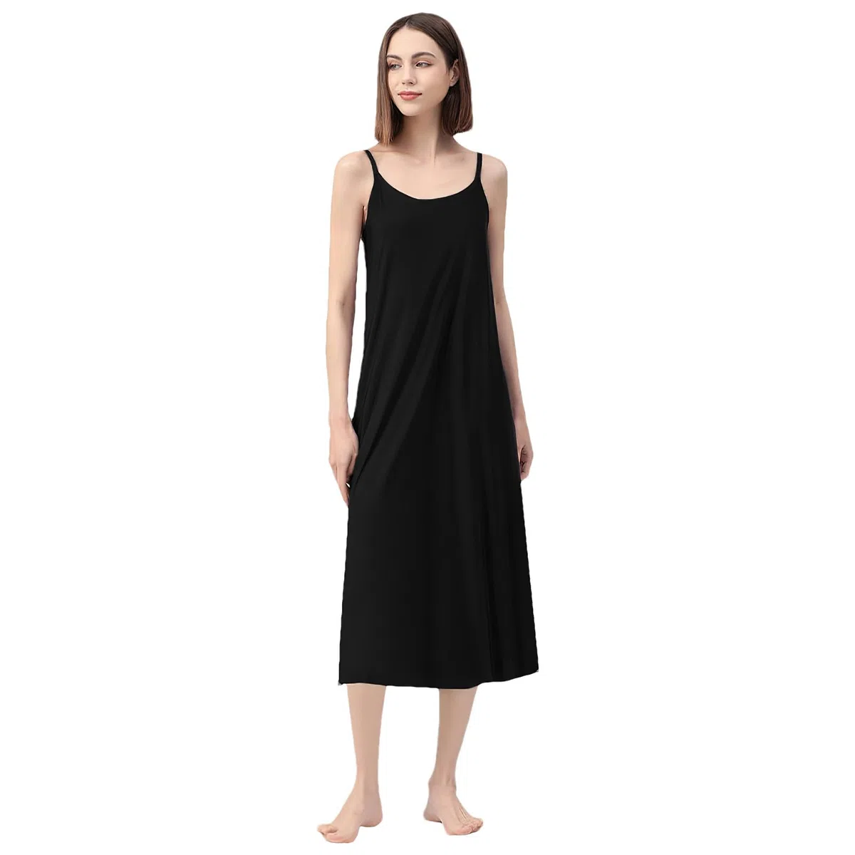 Donna Taglie Forti Abito Sottoveste Lunga con Spalline Sottili Camicia da Notte Elegante Senza Maniche (S-5XL)