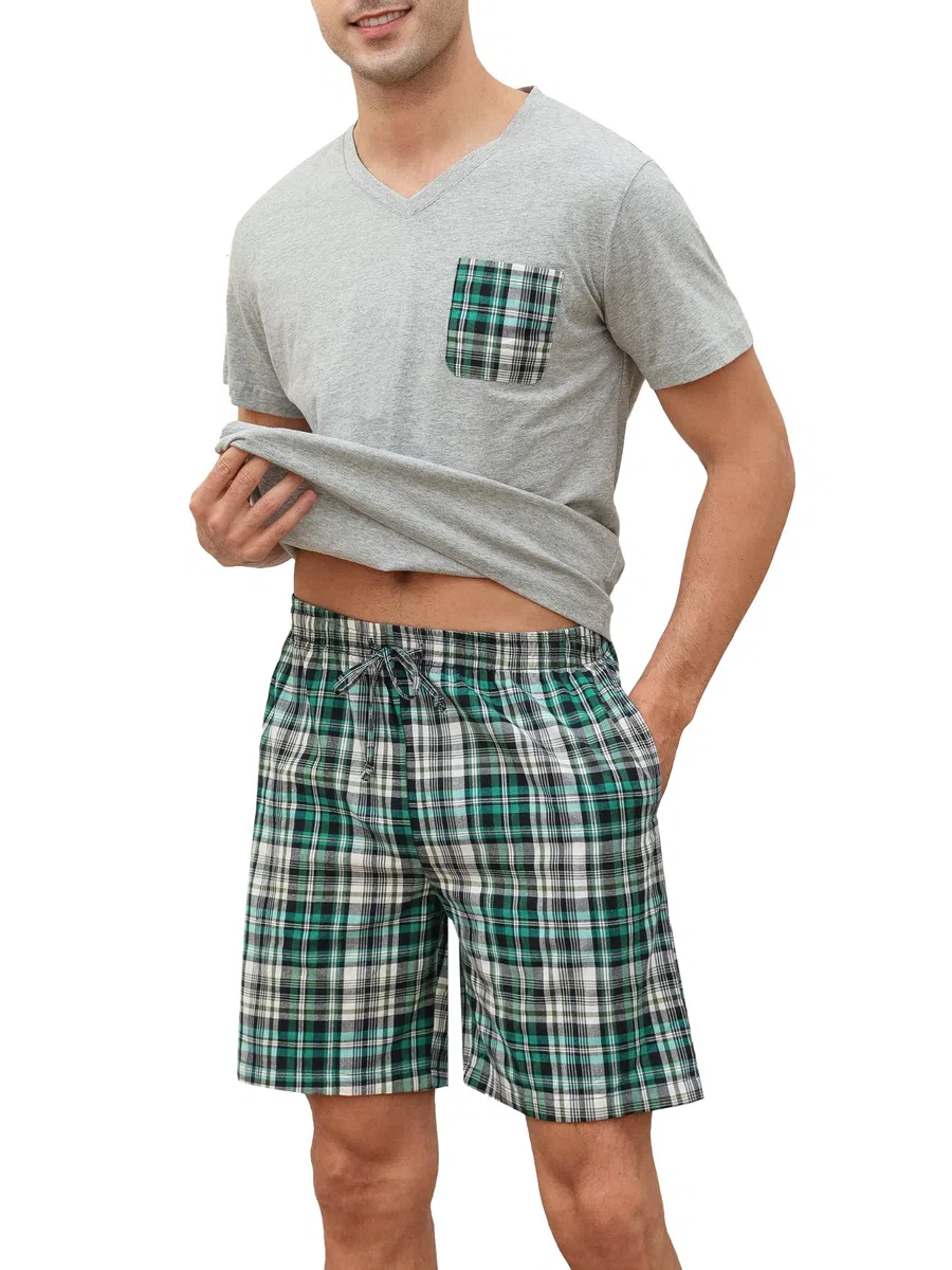 Pigiama Corto da Uomo, 100% Cotone, a Maniche Corte, con Pantaloni a Quadri