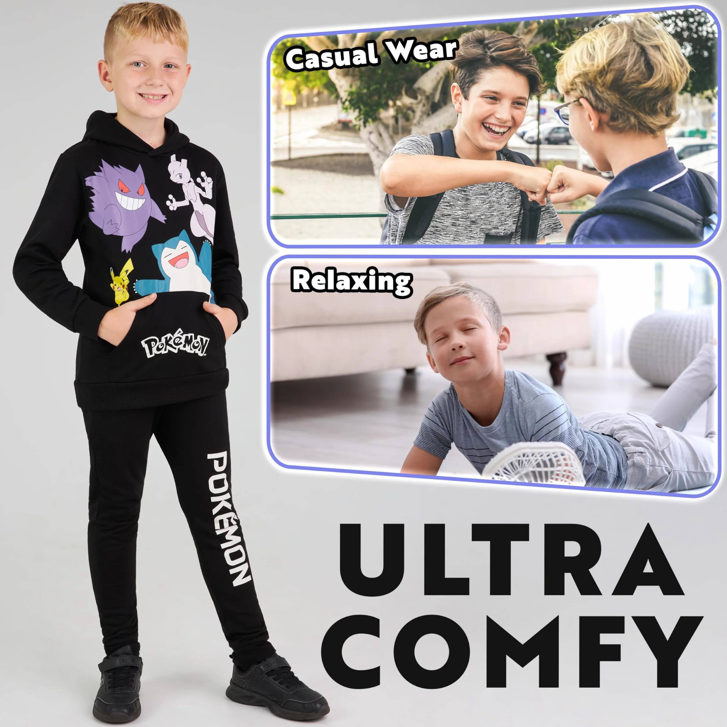 Pokémon Tuta Bambino e Adolescenti, 2 Pz Comodo Felpa con Cappuccio e Pantaloni Tuta Bambino, Anime Regalo Ragazzo