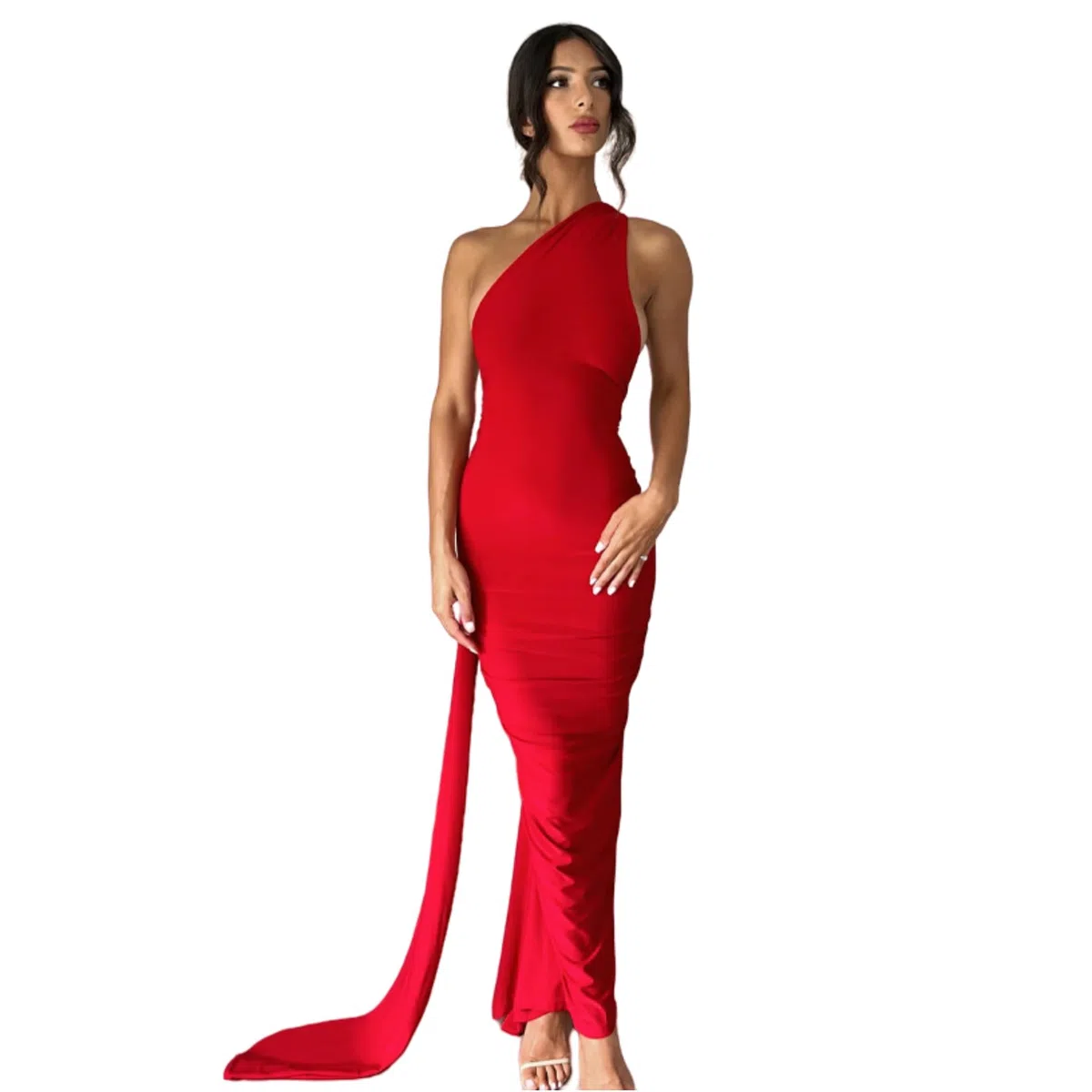 Abito lungo da donna, sexy, monospalla con schiena scoperta, elegante, increspato, senza maniche, abito da sera, abito da cocktail