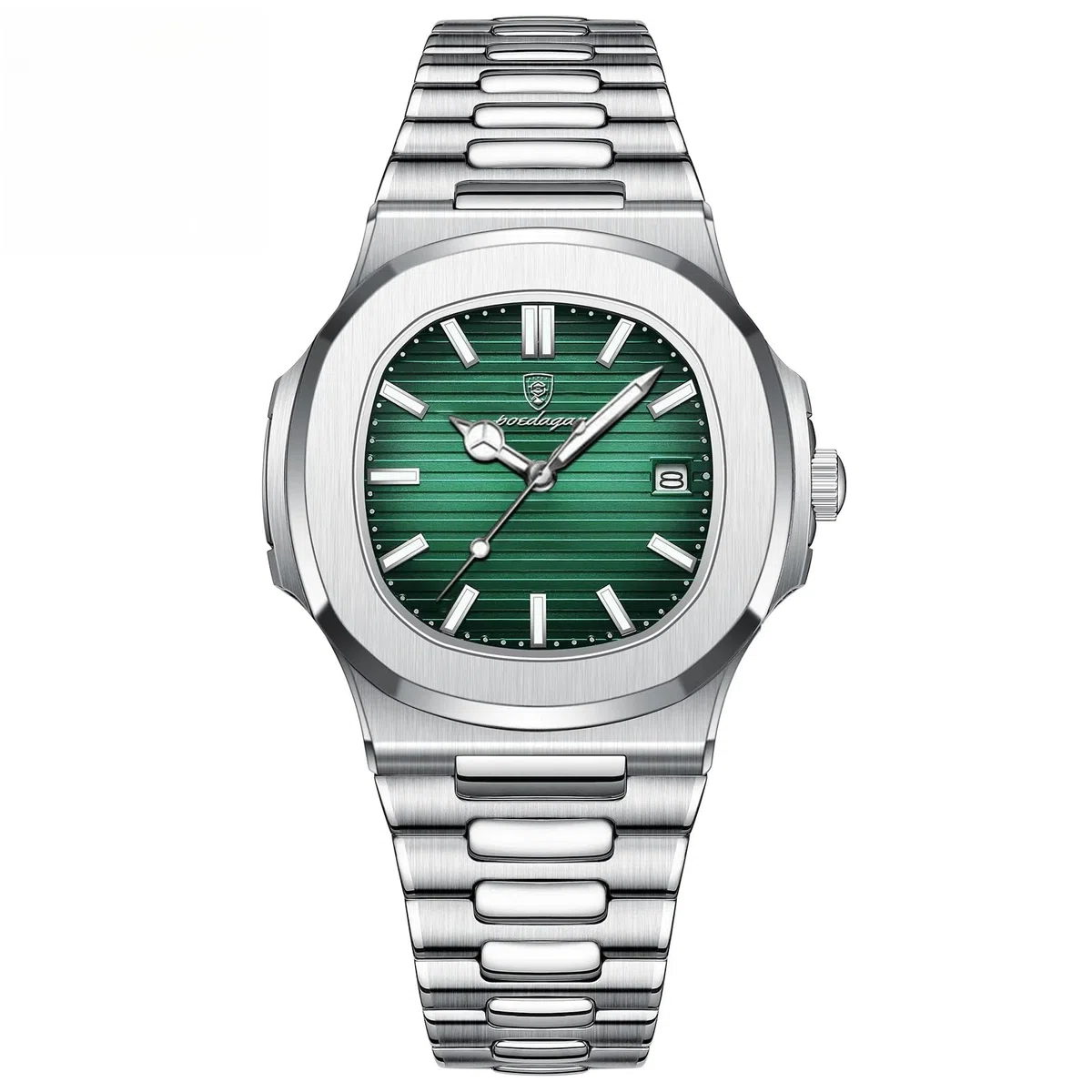 Poedagar Orologio da polso da uomo alla moda, cinturino in acciaio inox, al quarzo, impermeabile, luminoso, con data, quadrato, da uomo