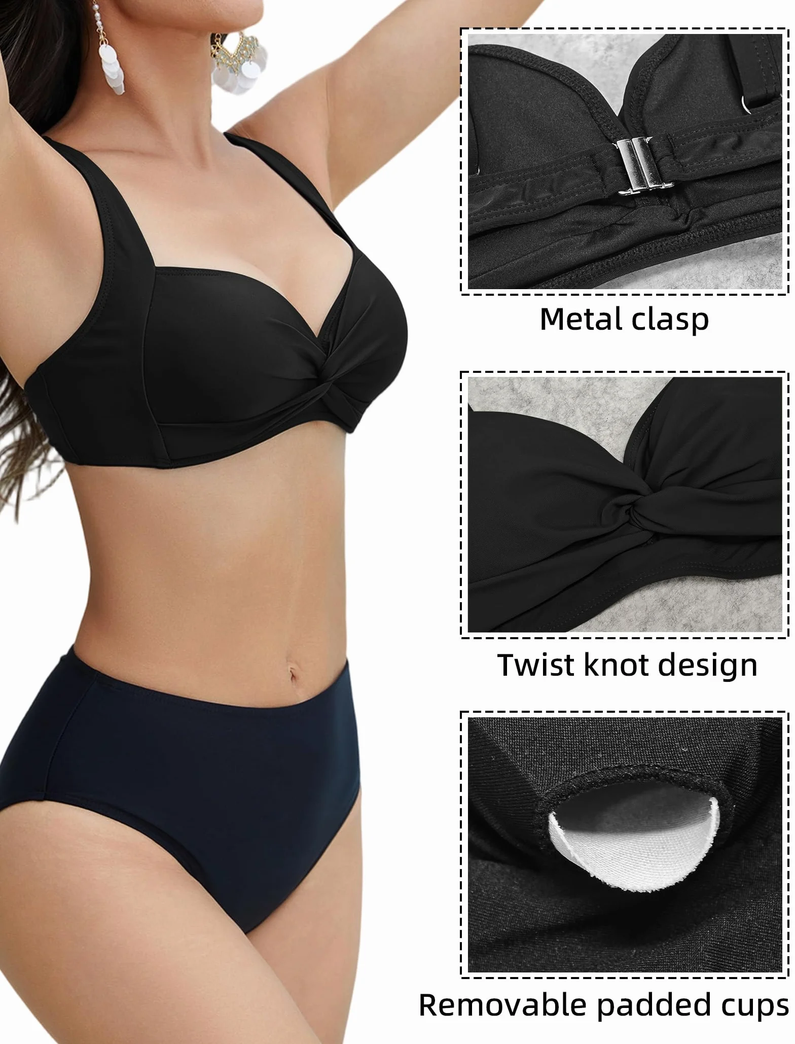 Top Bikini da Donna Push up Costume da Bagno Reggiseno Mare con con Taglio Classico retrò Haut de Bikini Tops
