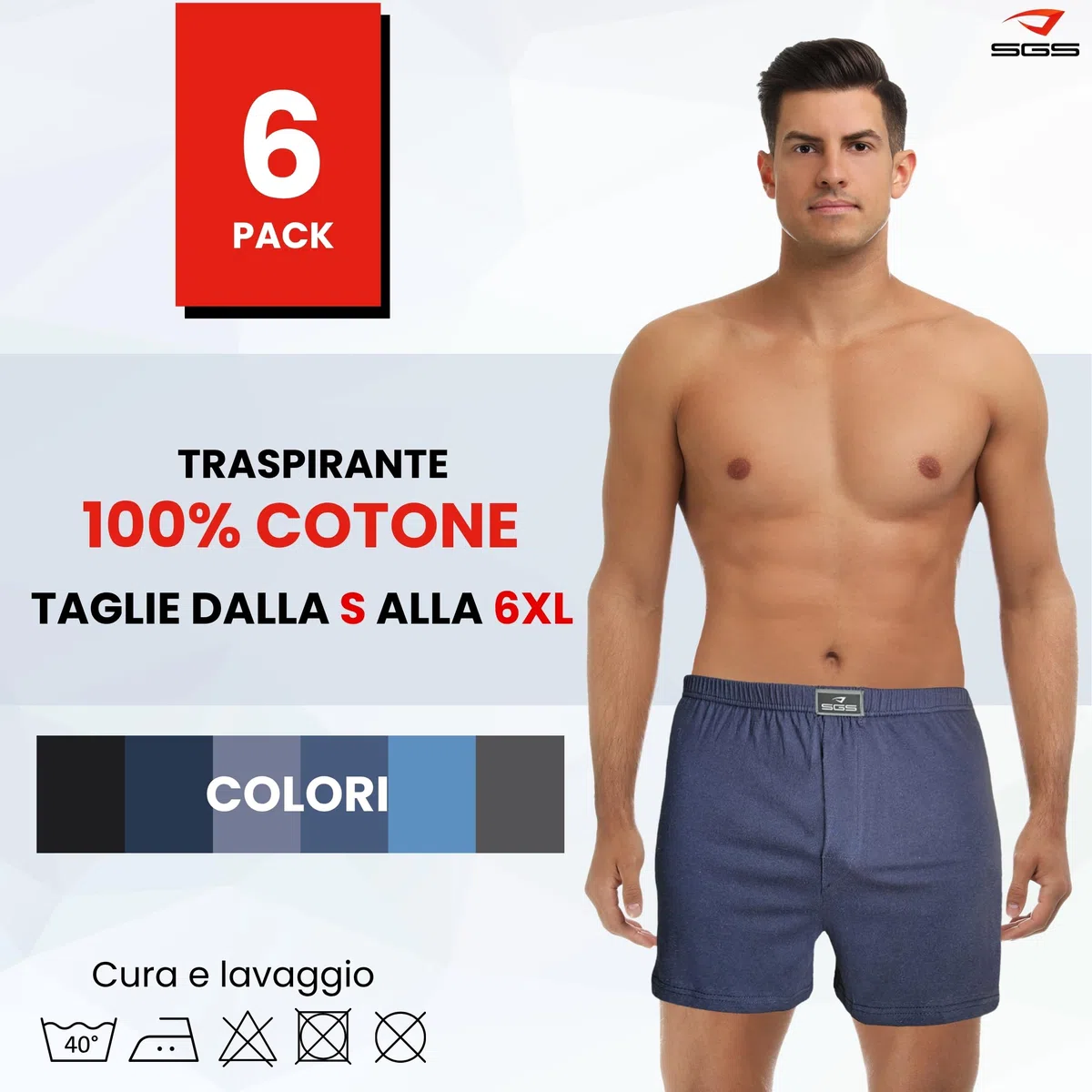 SGS Boxer Uomo Morbidi e Larghi - Mutande Uomo a Pantaloncino in 100% Cotone, Mutande a Pantaloncino, Confezione da 10 o 6 - Boxer Uomo Cotone di Tela