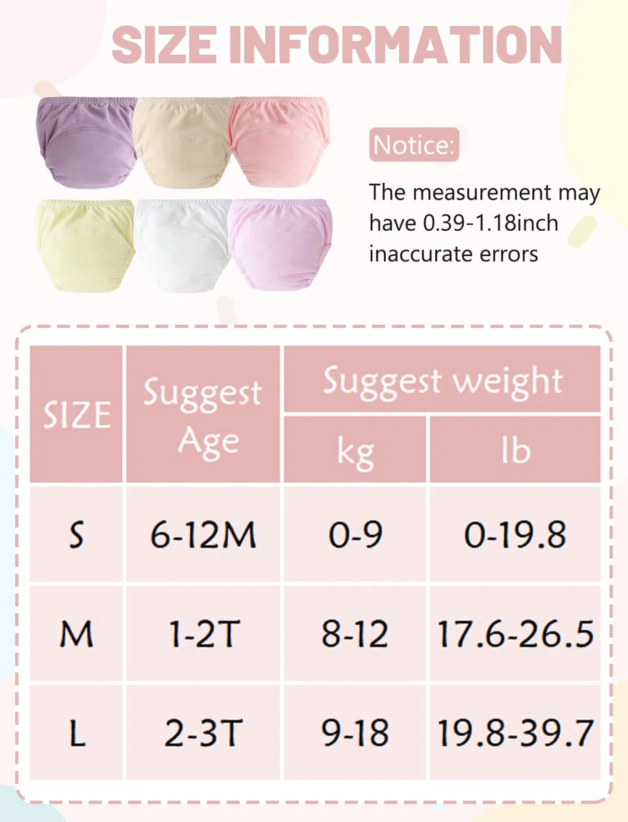 SEAUR Biancheria intima per neonata, set di 6 mutandine in cotone, per allenamento, bambino, per bambini, comode, tinta unita