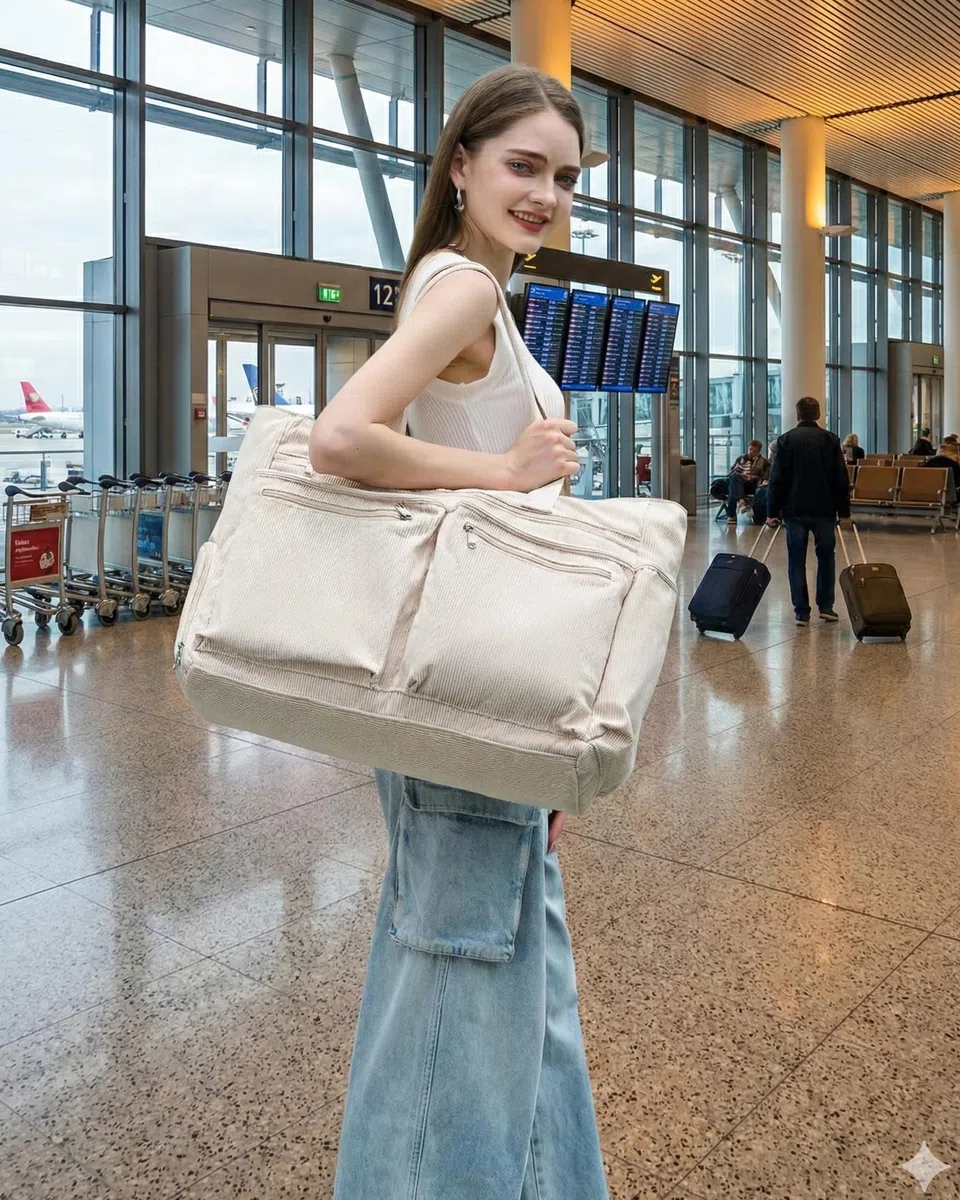 Makukke Borsa Da Spiaggia XXL, Beach Bag Grande con Scomparto, Weekender da Donna Pieghevole e Ultraleggera con Cerniera per Viaggi Vacanze Palestra (Grigio-Velluto a Coste)