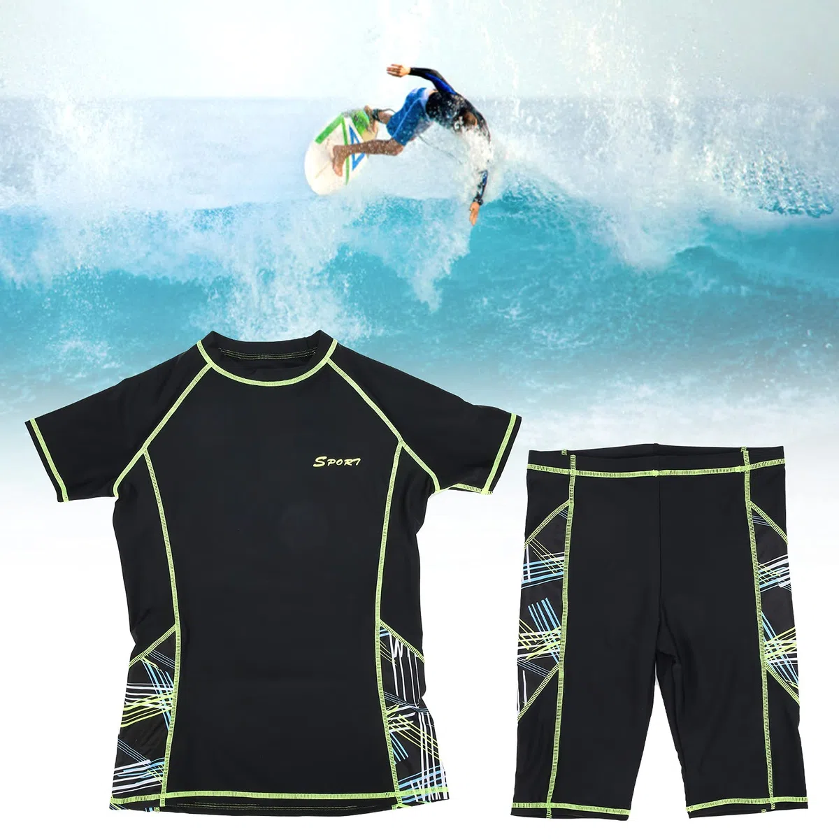 POENVFPO Tuta da Surf da Uomo, Camicia a Maniche Corte con Pantaloncini 2 Pezzi Muta da Bagno Estiva per Uomo (L)