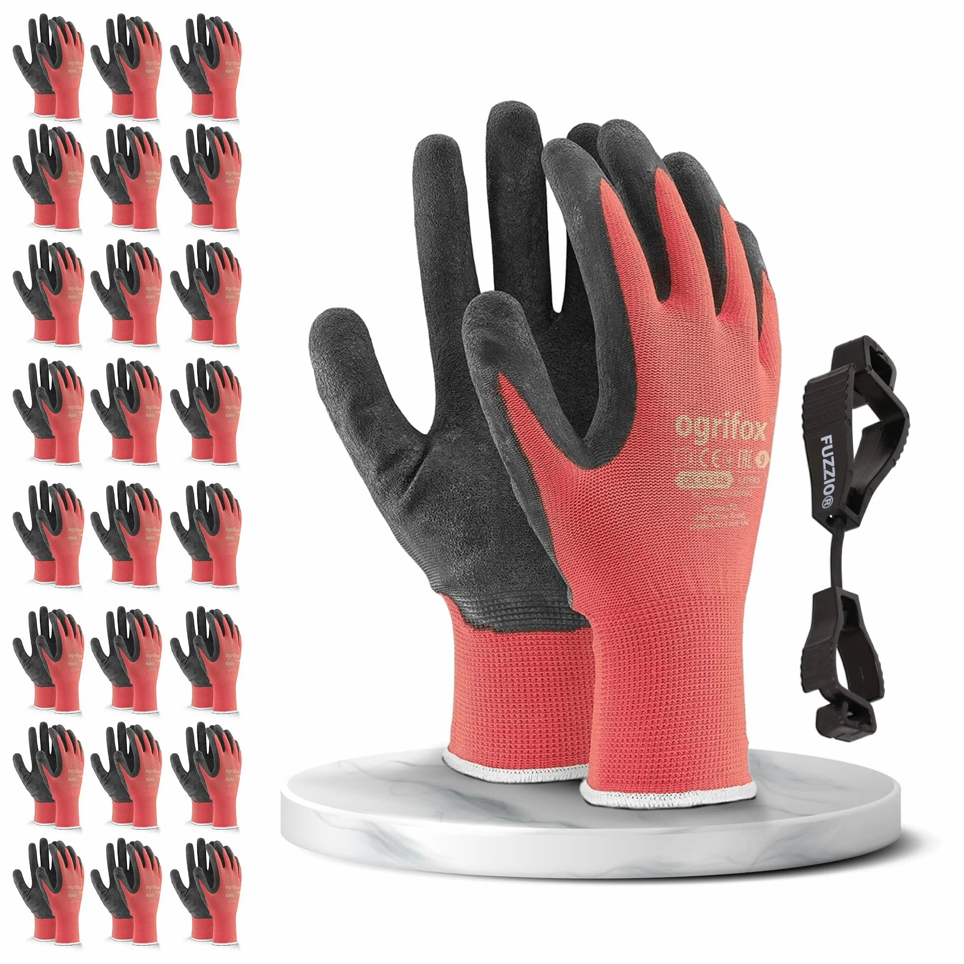 24 paia di guanti da lavoro e supporto clip per guanti FUZZIO (L - 9, Rosso)
