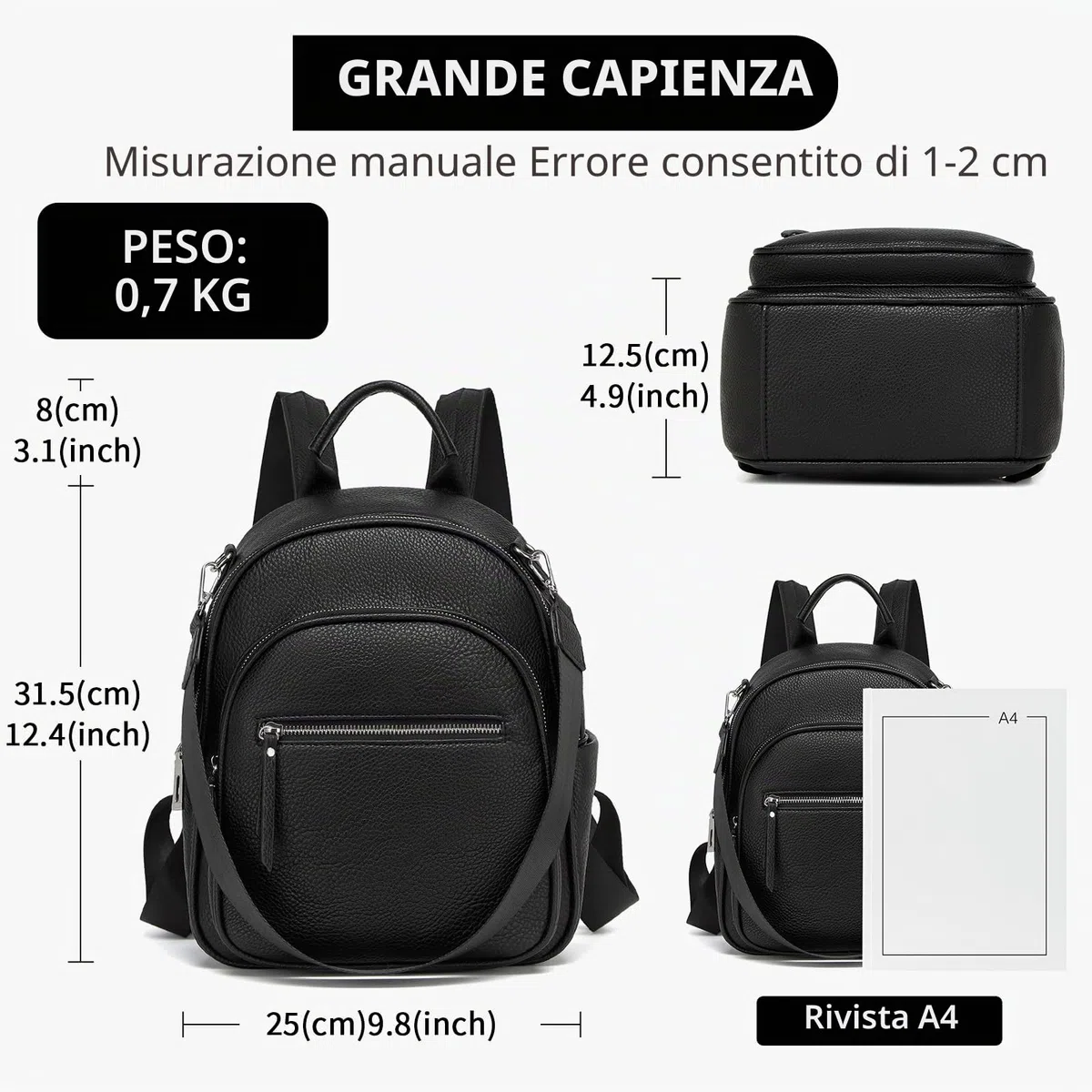 Miss Lulu Zaino Donna, Borsa a Tracolla Donna, Pelle PU, Nero, Media | Impermeabile, Tracolla Rimovibile, Tasca Antifurto, Stile Semplice, Elegante, per Viaggi, Lavoro e Passeggiate