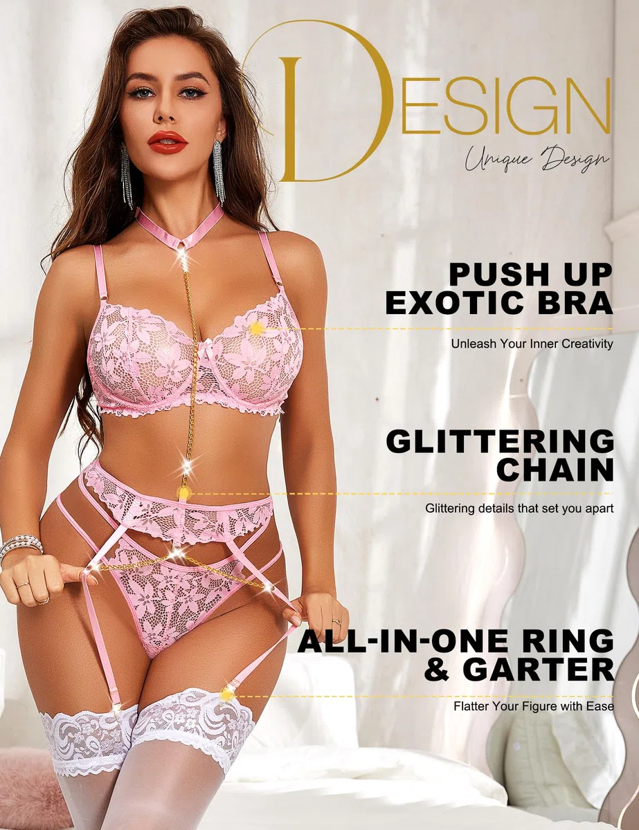 RSLOVE Completo Intimo Donna Sexy Set di Lingerie in Pizzo Reggiseno e Slip con Giarrettiera