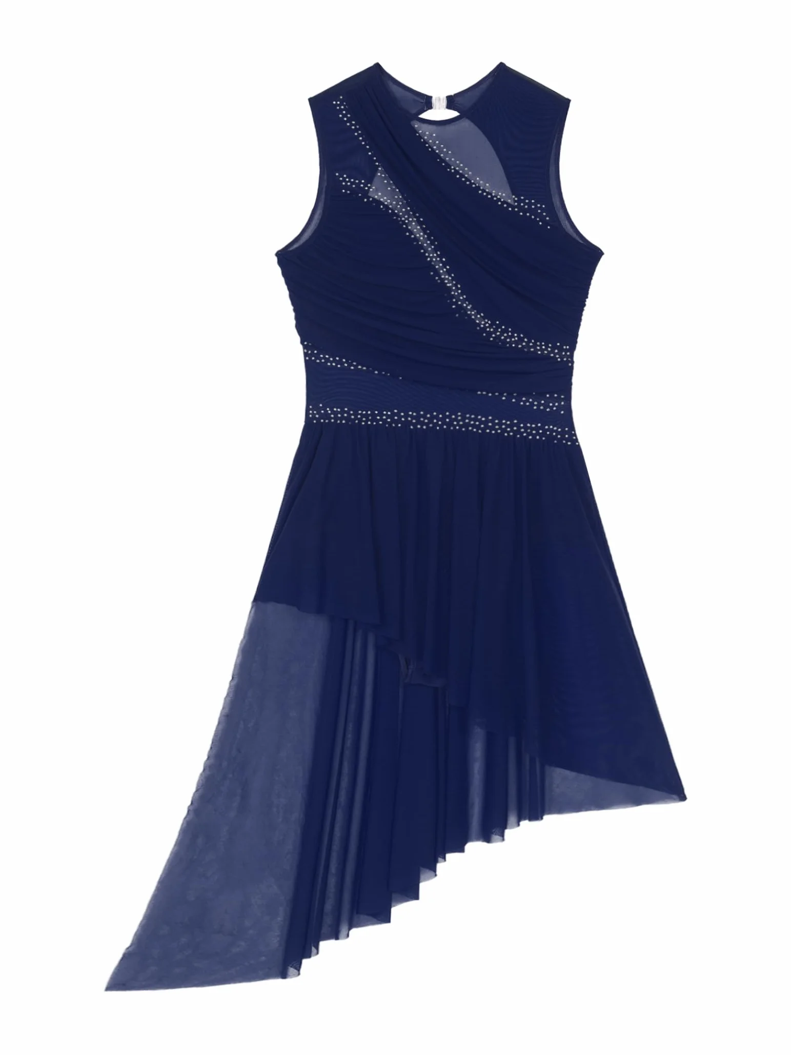 Abito da donna per pattinaggio artistico, senza maniche, con glitter e gonna asimmetrica
