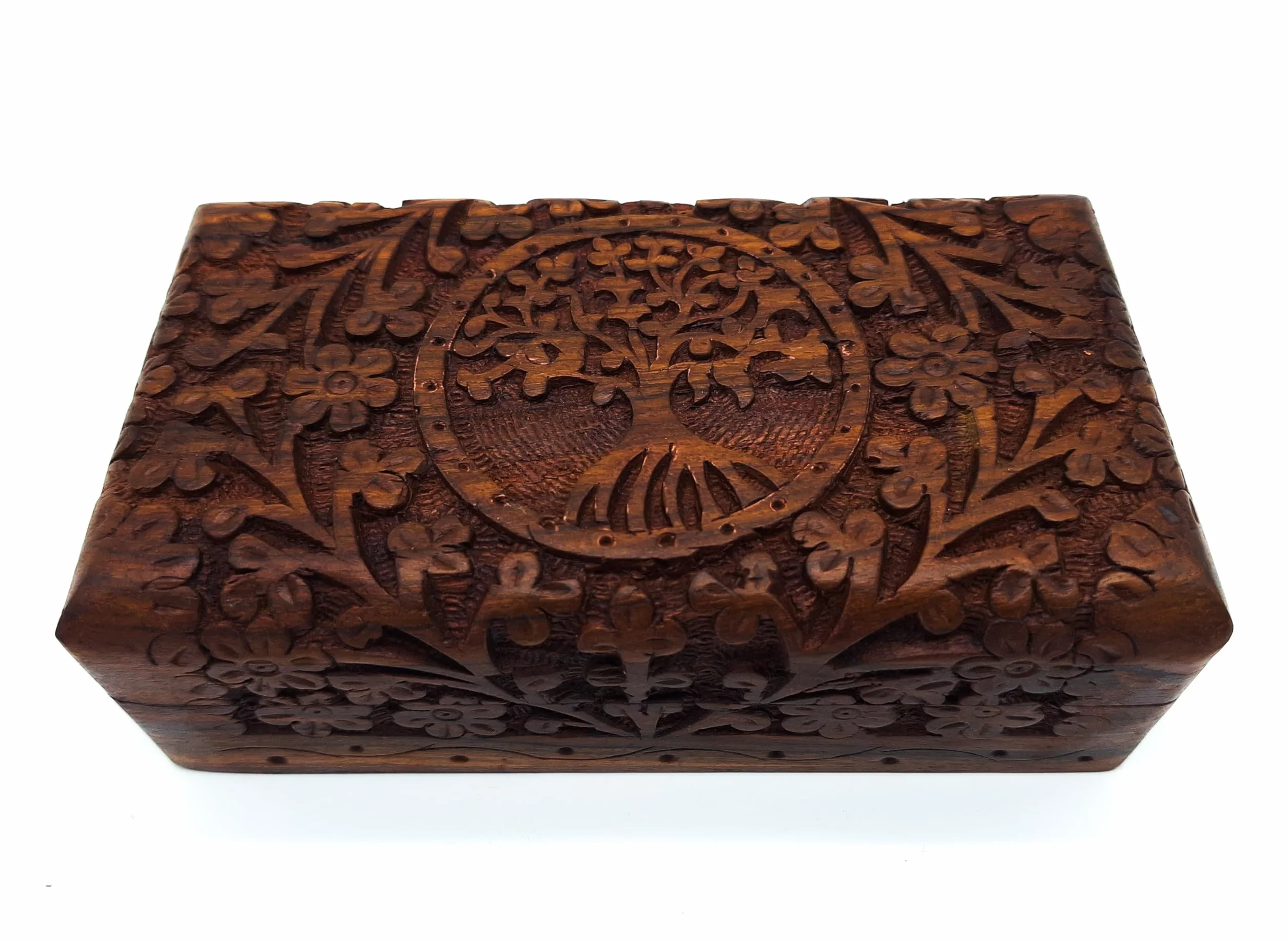 Scatola in legno fatta a mano, misura M, con albero della vita, per gioielli, per famiglia, spiritualità, stile di vita, India (dimensioni M 17 x 9,5 x 5,5 cm, peso circa 375 g)