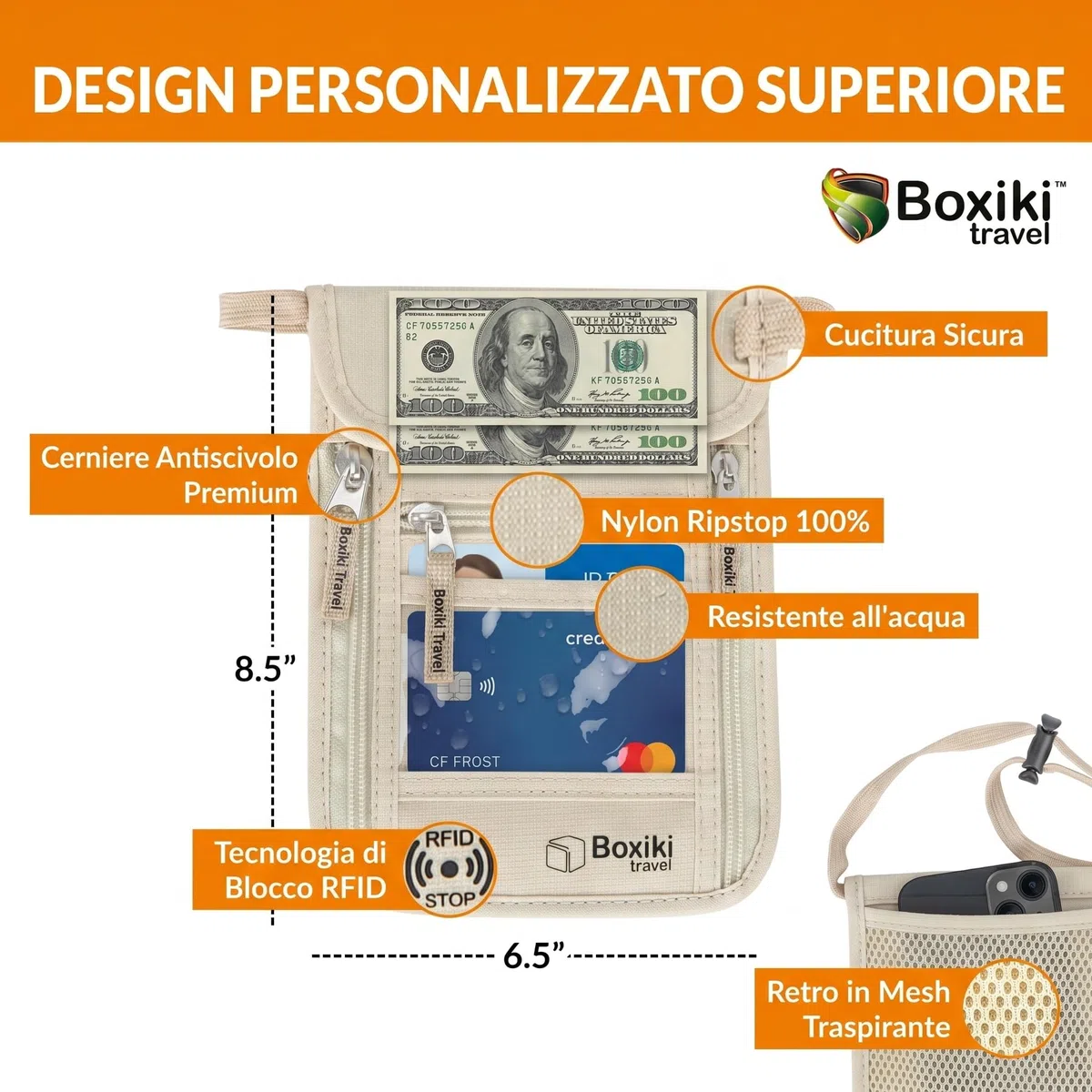 Portafoglio da Collo con Protezione RFID Beige - Borsello da Collo Antifurto in Nylon Ripstop Impermeabile con 5 Tasche e Tracolla Regolabile per Passaporto, Documenti, Carte e Contanti in Viaggio