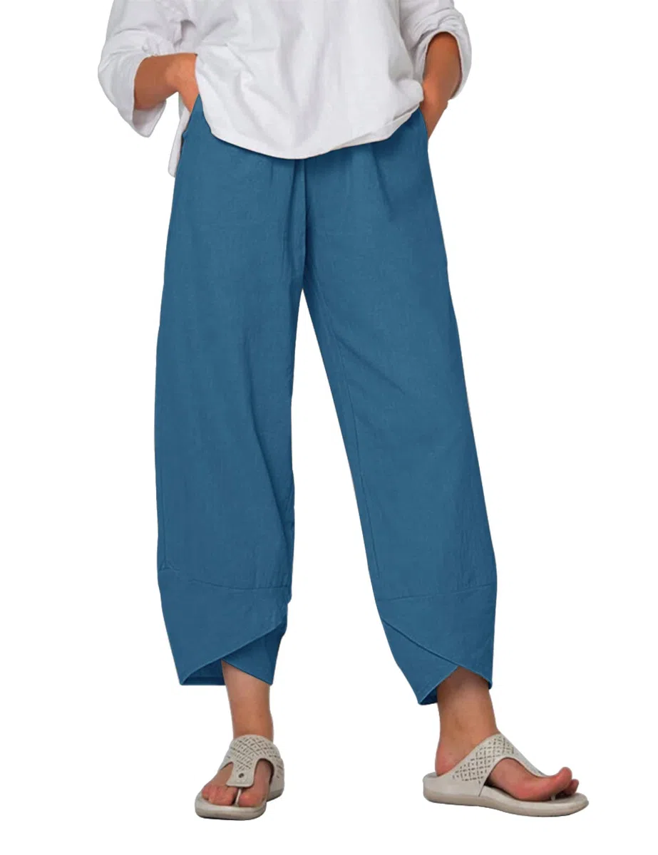 Yuson Girl Pantaloni estivi da donna, in lino, estivi, in cotone, casual, 7/8, per il tempo libero, pantaloni capris, elasticizzati, a vita alta, pantaloni in lino, leggeri, con tasche