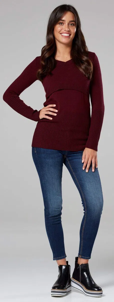 Happy Mama.Premaman L'Allattamento al Seno Maglione Manica Lunga V Collo.454p (Cremisi, IT 44/46, L/XL)