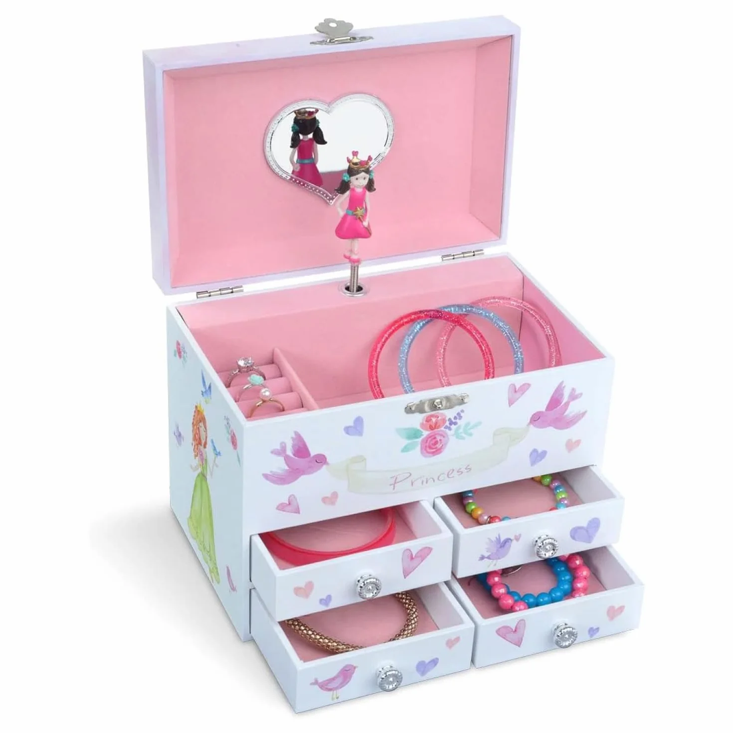 Jewelkeeper - Carillon portagioielli con Principessa fatata e cuori: di grandi dimensioni, con 4 cassetti estraibili - Melodia dell'Bel sognatore
