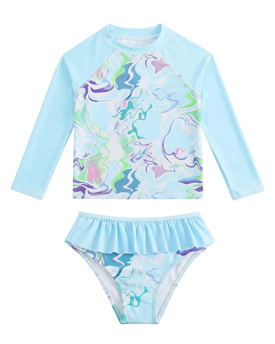Costume da bagno ragazza 2 pezzi Uv costumi da bagno bambini manica lunga stampa tessuto costume da bagno Uv Shirt ragazza 4-10 anni