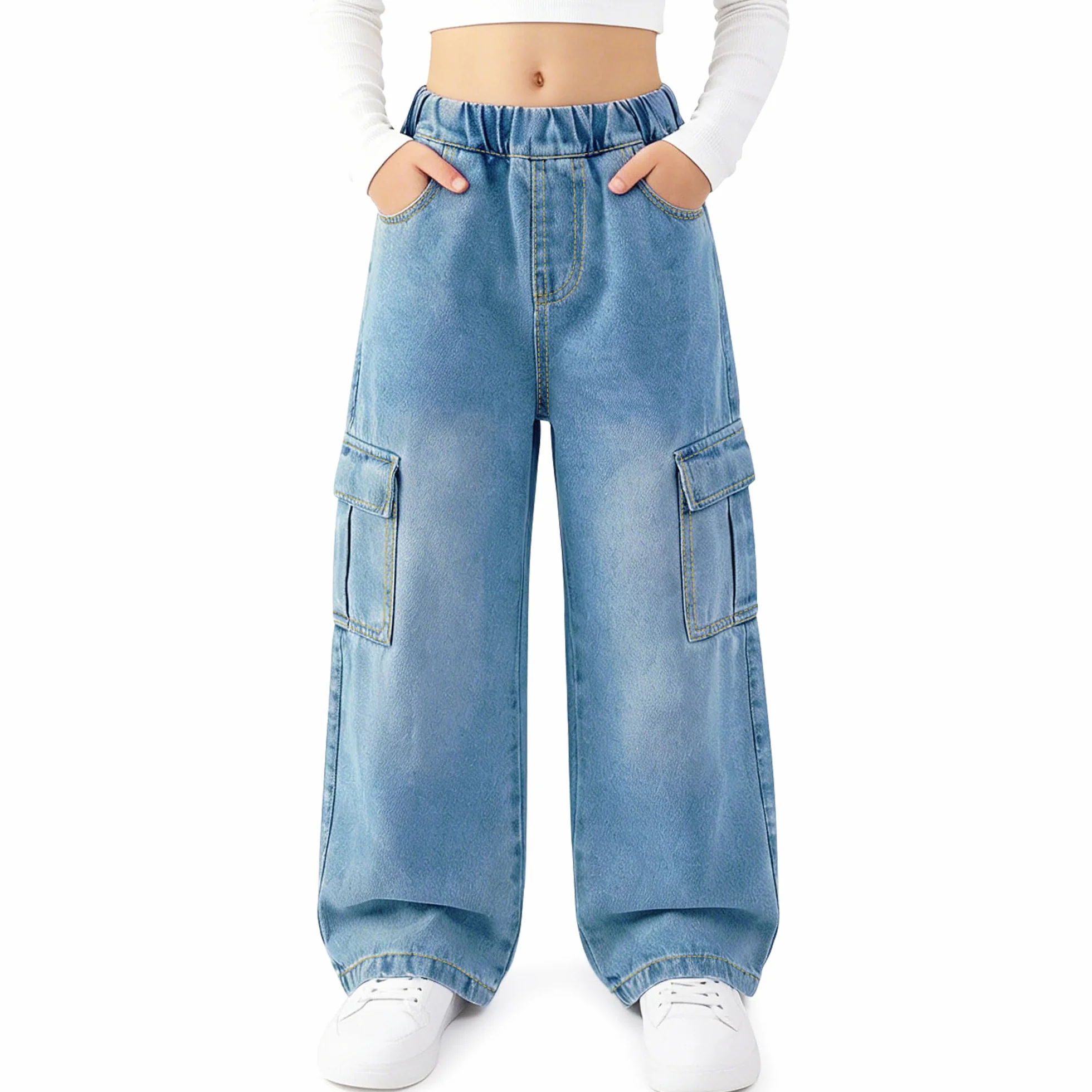 Jeans Cargo per Bambina, Baggy Denim Pantaloni Gamba Larga Lunghi Jean con Vita Elastica Loose Fit Stretch Pants con Tasche Multiple Casual Blu Pantaloni Moda Streetwear per Ragazza 7-15 Anni