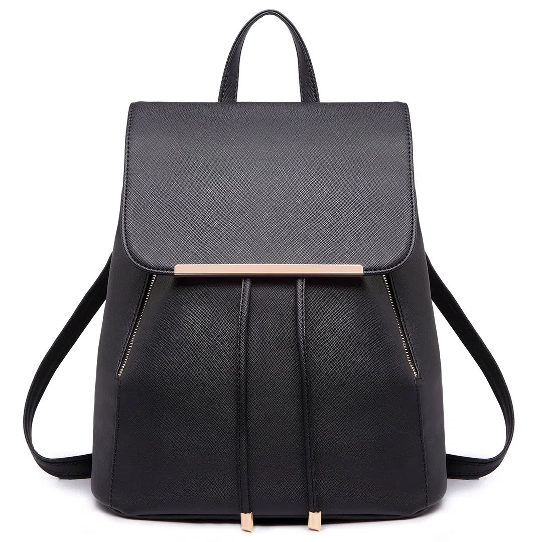 Miss Lulu Zaino Donna, Shell con Coulisse Borsa Zainetto Nero, Zaini Elegante PU Pelle Impermeabile, Medio Antifurto Scuola Lavoro Viaggio Università