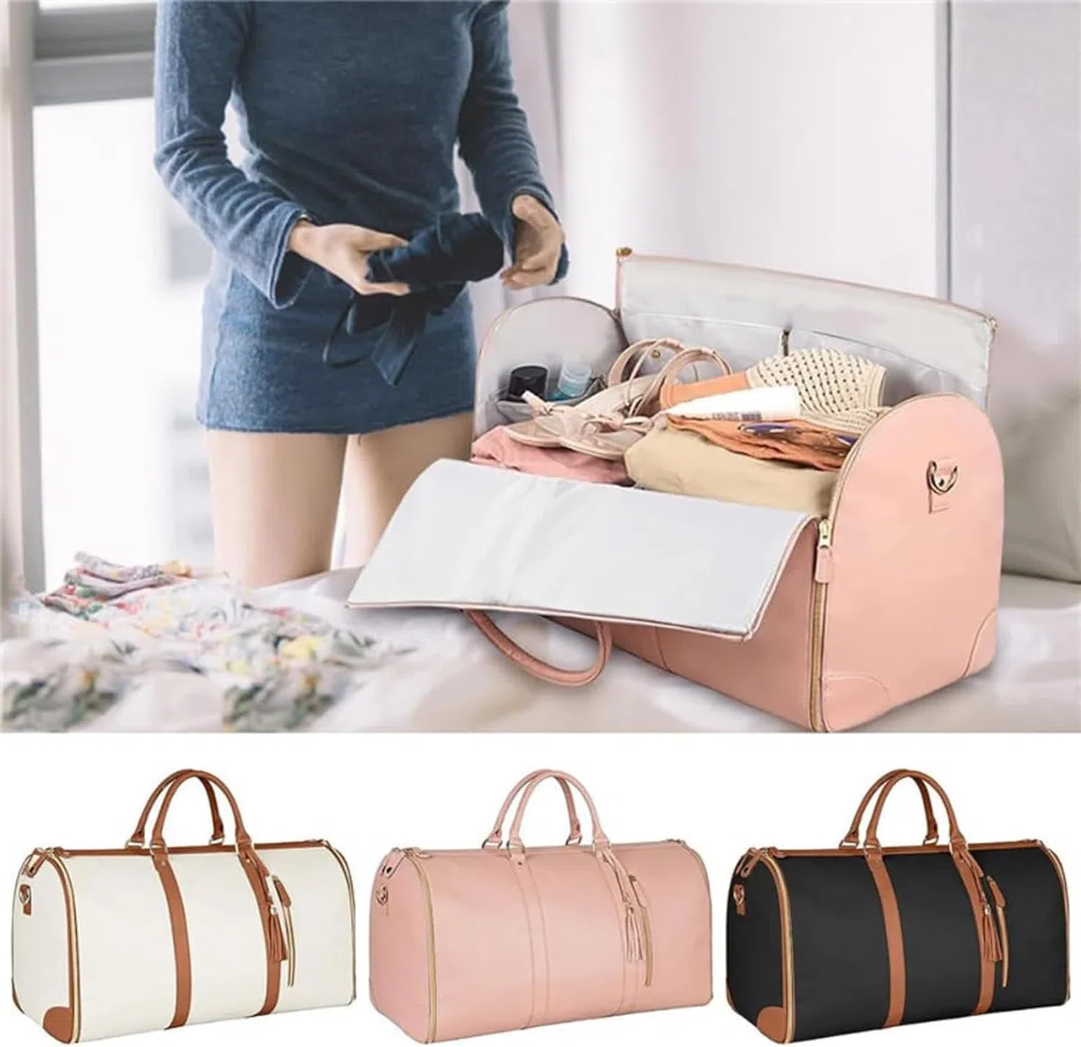 Grande capacità Carry On Garment Bag PU Leather Duffle Bag per le donne Impermeabile Abiti da Viaggio con Borsa Scarpiera 2 in 1 Appeso Valigia Pieghevole Tuta Borse Da Viaggio, Nero, Bagaglio a mano