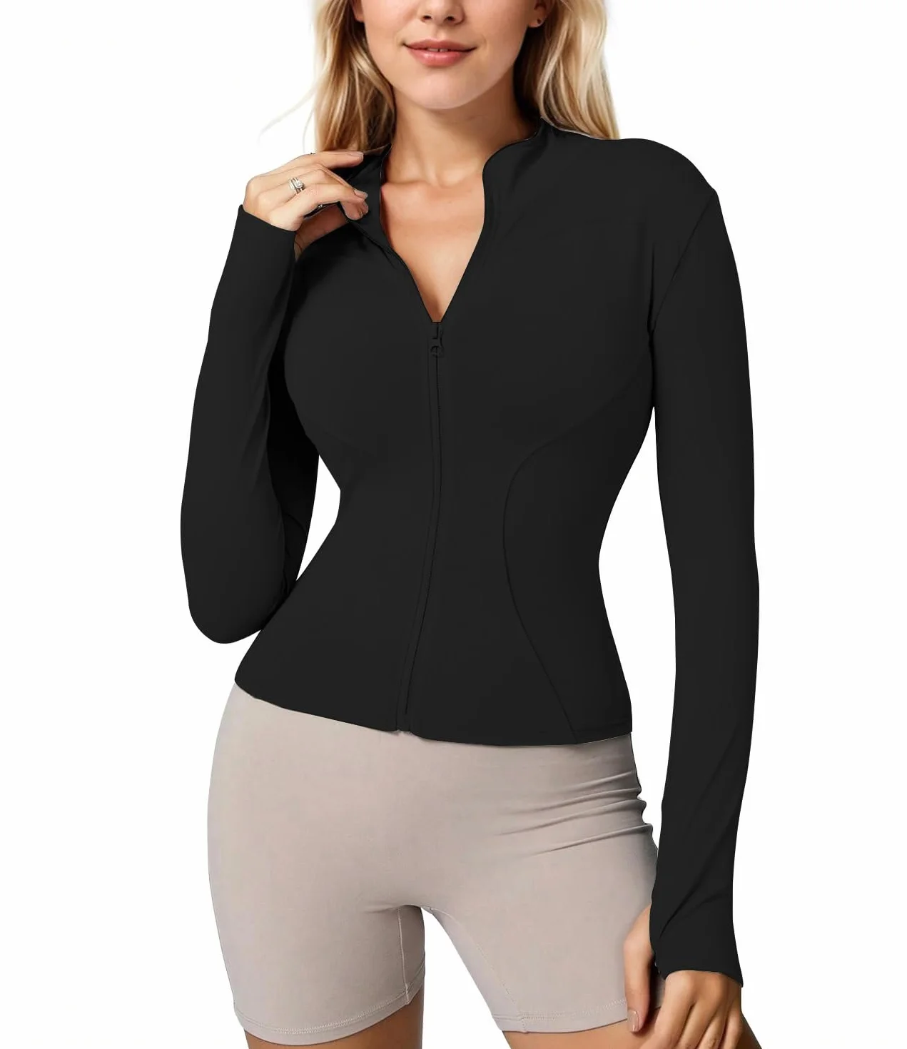 Memoryee Donna Manica Lunga Crop Top Pullover Yoga Running Sport Athletic Gym Workout Maglia Fitness con Mezza Zip e Pollice Foro