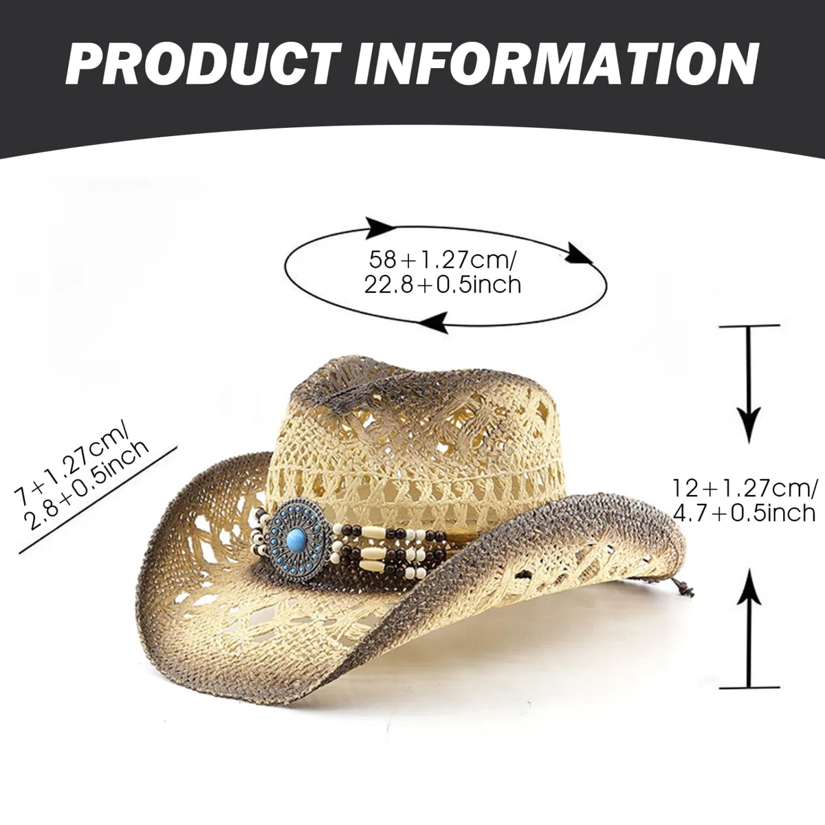 Cappello da Cowgirl in Paglia con Fasce Decorative, Cappello da Cowboy in Paglia Western con Tesa Modellabile per Donna Uomo Sole da Spiaggia