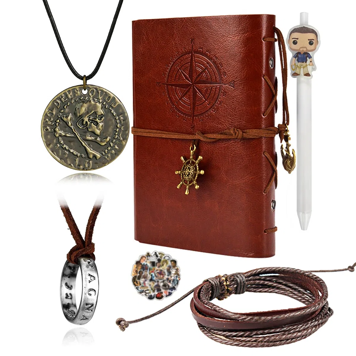 UoYu Uncharted - Set di 4 gioielli con teschio in bronzo, collana con anello e braccialetto in pelle, diario e taccuino con penna