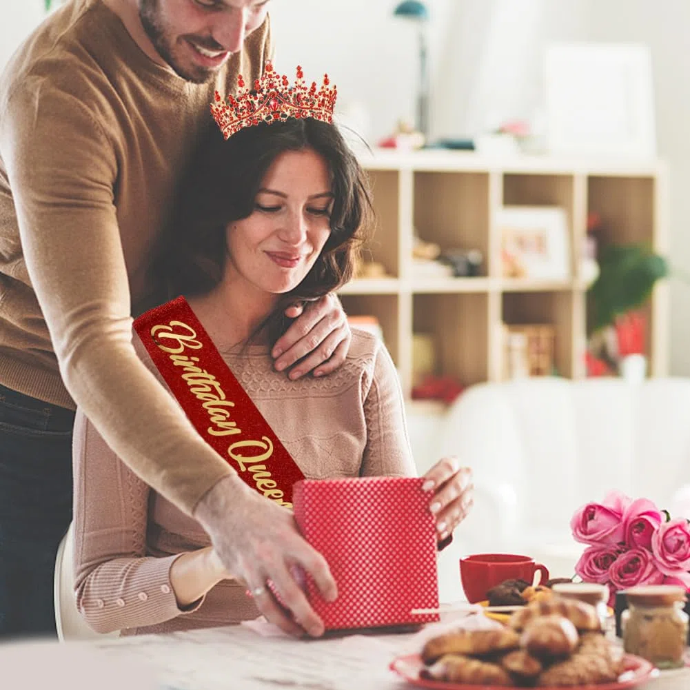 Rosso Fascia per Compleanno Ragazza Tiara, Oro Rosso Tiara Regina, Regalo Compleanno, Corona di Cristallo Tiara per I Compleanni Delle Ragazze