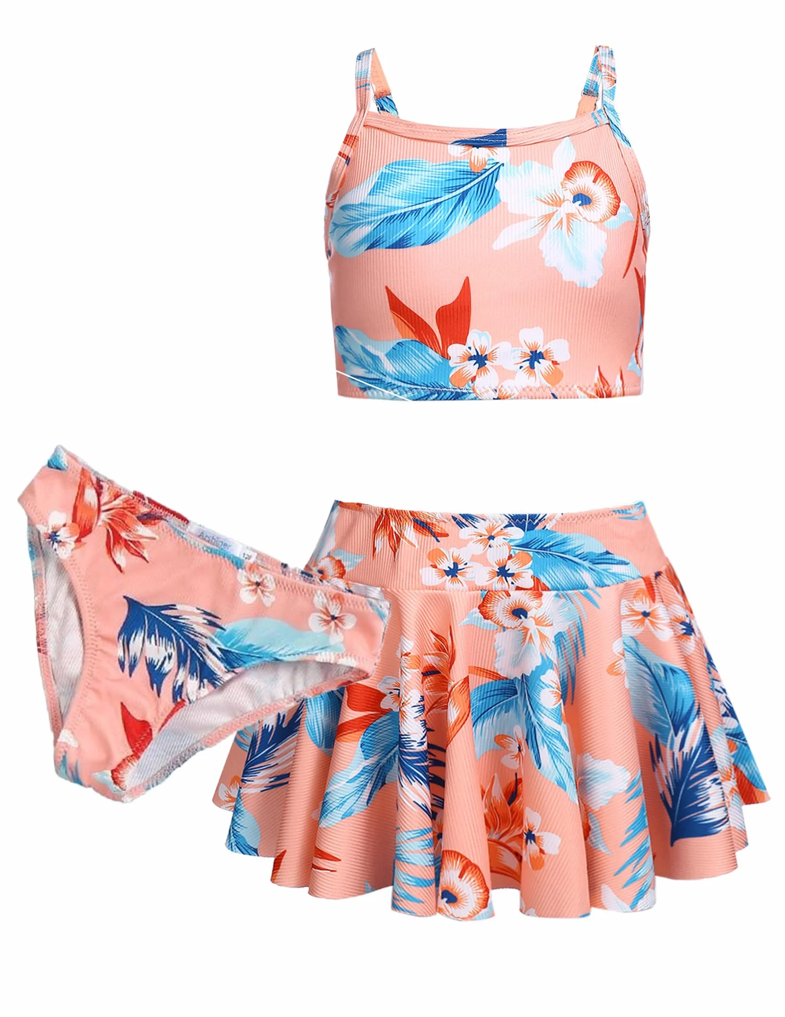 Arshiner Ragazze Bikini Set 3 Pezzi Costumi da Bagno Estivi Bambini Tre Pezzi Tankini con Gonna Stampa Floreale Costumi da Bagno Bikini per Bambina