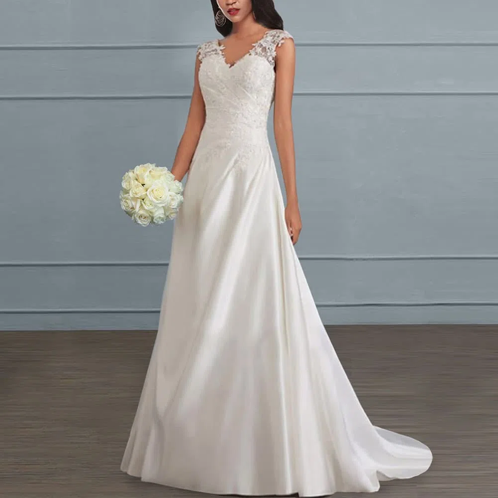 Abiti da Sposa Donna Elegante Senza Maniche Scollo a V in Pizzo Lungo Vestito per Matrimonio