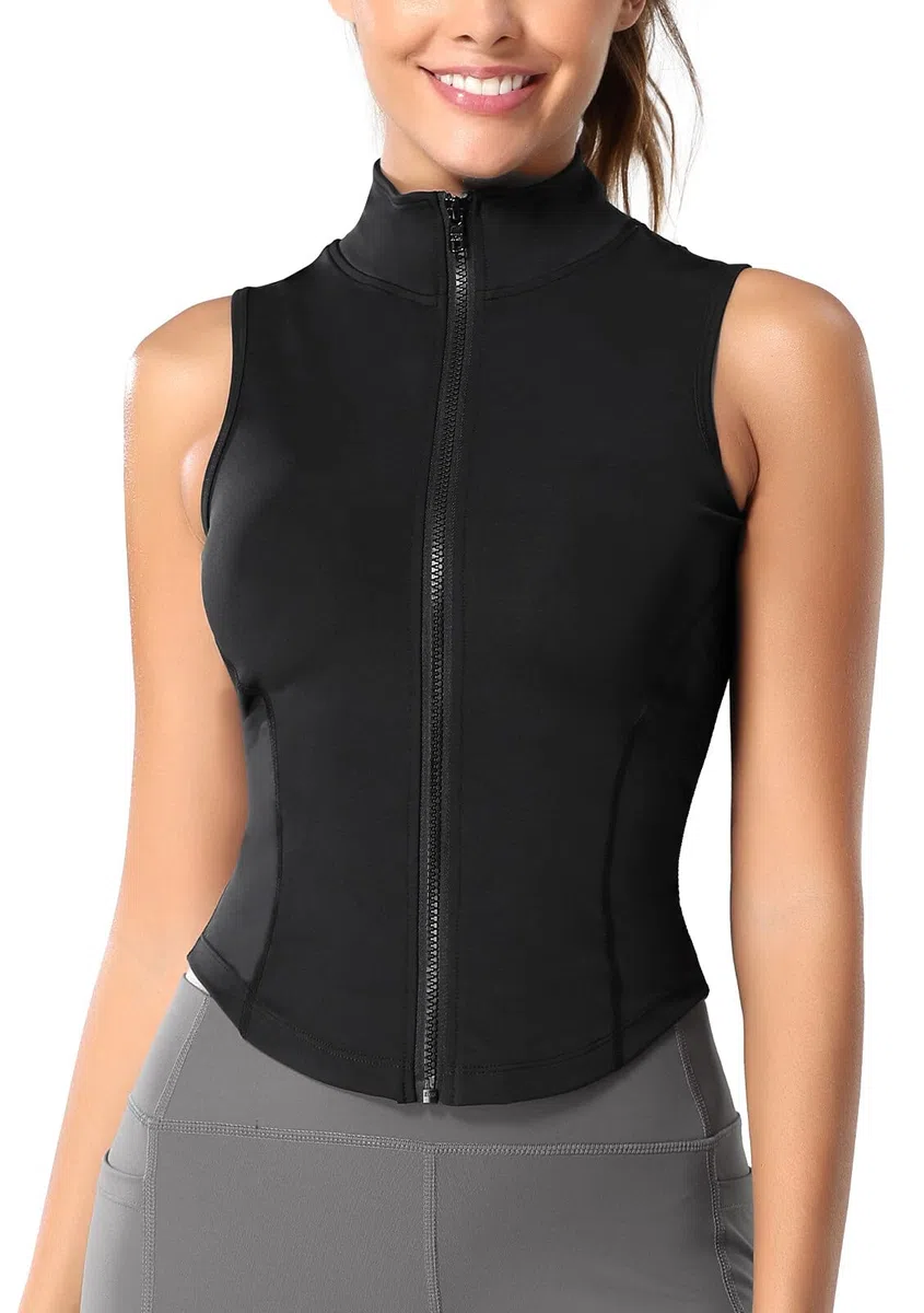 FEOYA Top Sportiva Senza Maniche da Donna Canotta Sportiva con Zip Intera Gilet da Yoga con Colletto Rialzato Estate Canotta Elasticizzate Slim Fit con Colletto Rialzato per Fitness Corsa Golf S-XL