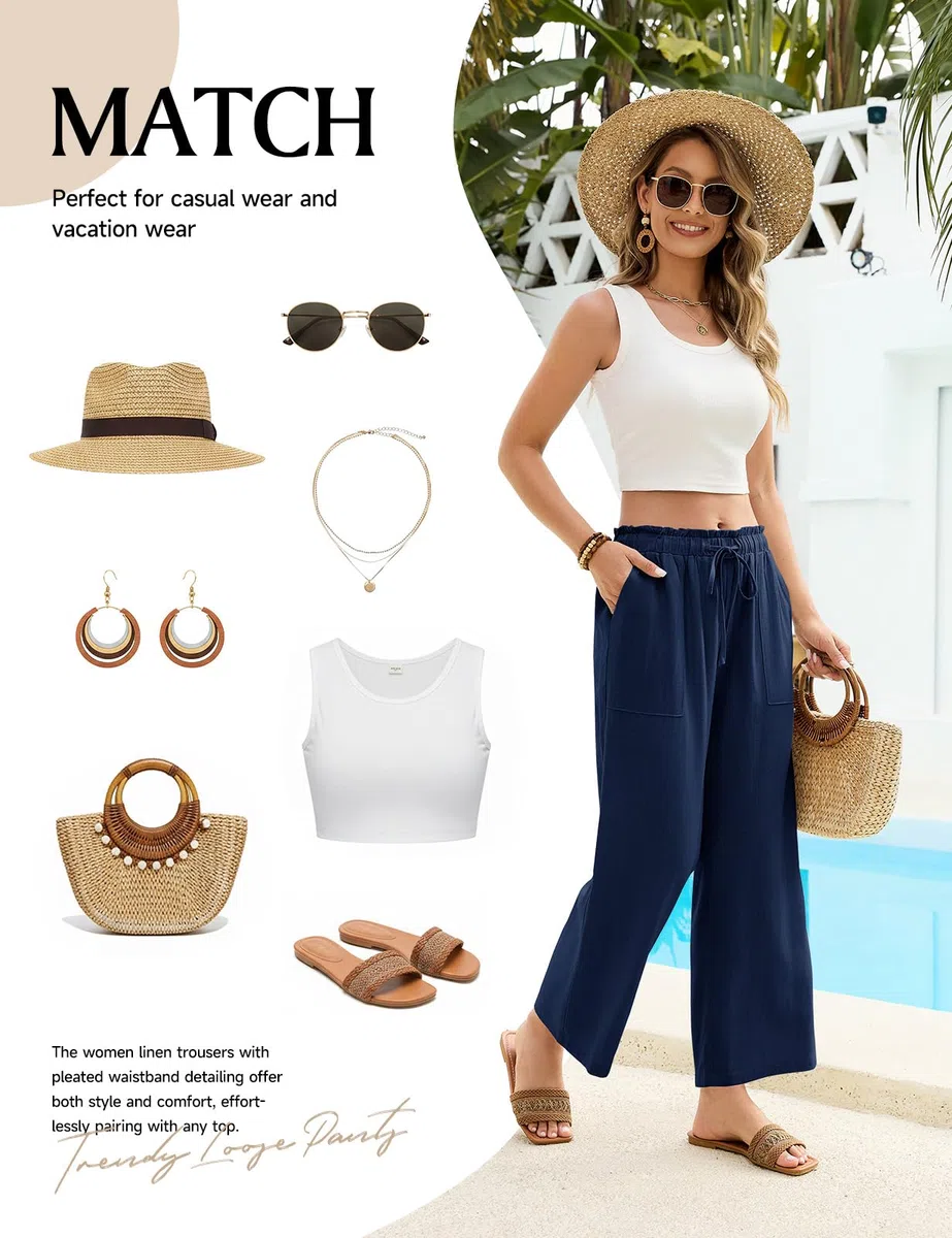 HEEKPEK Pantaloni Lino Donna Estivi Pantaloni Larghi Leggeri Elastico Vita Alta 7/8 Pantalone Comodi Gamba Larga Pantaloni Casual da Spiaggia con Tasche