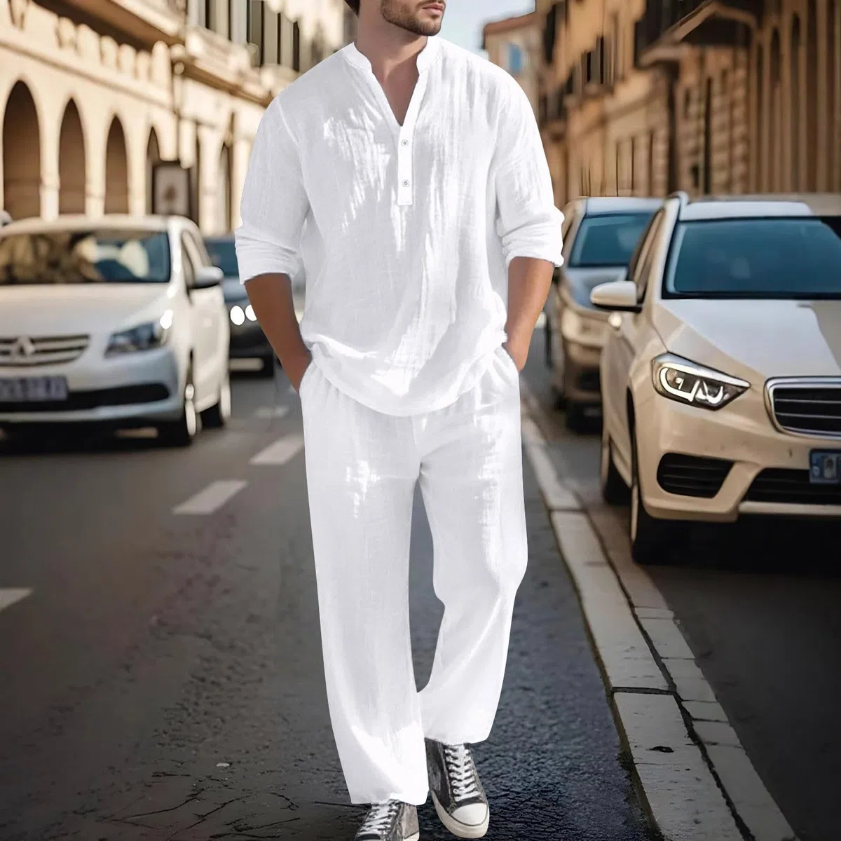 2 Pezzi Tuta Uomo Set Estivo in Lino, Camicia e Pantaloni con Elastico Vita, a Maniche Lunghe, Completo Traspirante Casual, per Spiaggia Vacanza Autunno