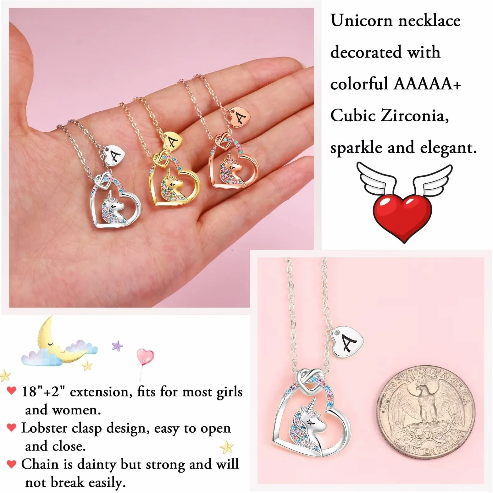 TINGN Collana Unicorno Regali per Ragazze, Ciondolo Cuore Iniziale Placcato Oro Bianco 14k CZ Collana con Iniziale Unicorno per Ragazze Compleanno Unicorni Regali per Ragazze Gioielli da Donna