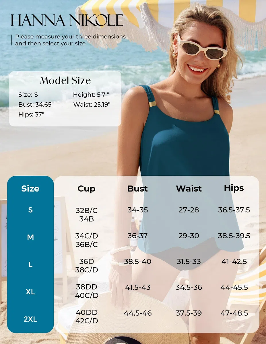 Hanna Nikole Tankini da donna con reggiseno integrato, a vita alta, con scollo a U, senza fondo