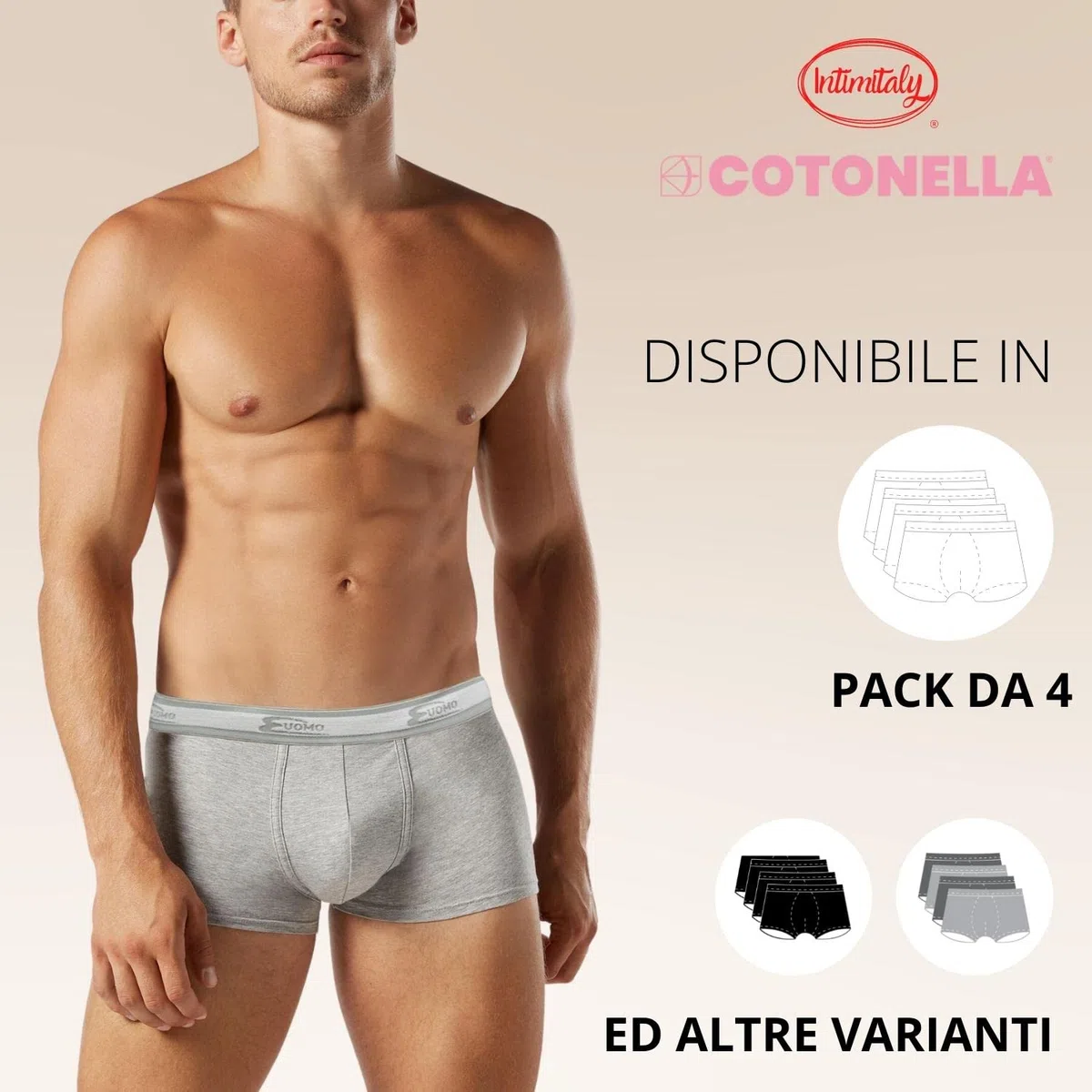 COTONELLA - Boxer Uomo Cotone Elasticizzato Pacco da 4 Bielastico Mutande Uomo Cotone Intimo Mutande Uomo Colorate alla Moda Bianchi Neri Grigio