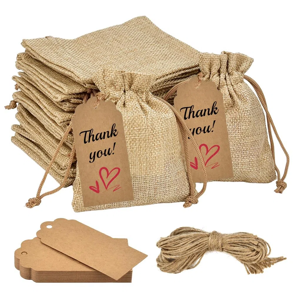 LANSKYLAN 50 Pz Sacchetti di Juta con Coulisse 10*12cm - Sacchetti Regalo Riutilizzabili per Gioielli, Matrimonio, Festa, Fai da Te
