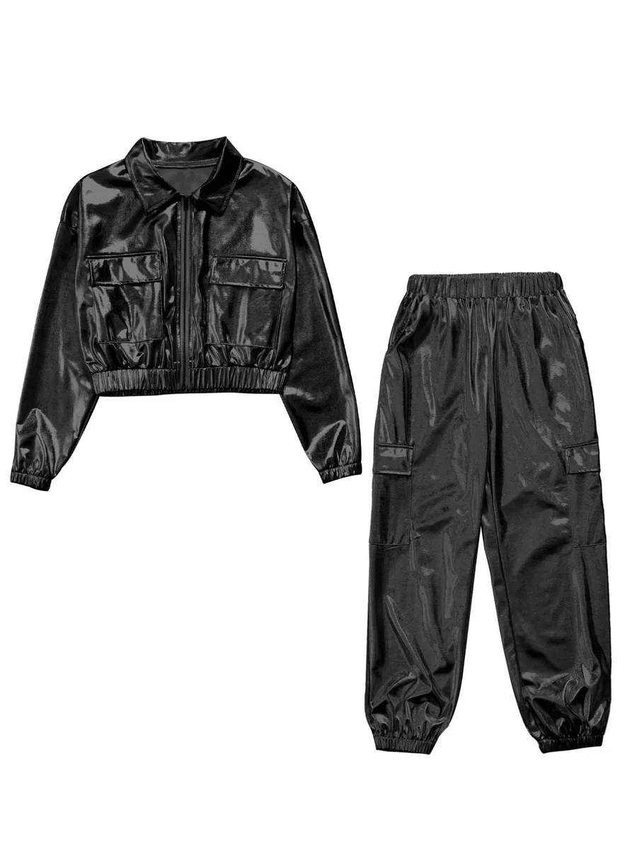 YiZYiF 2 Pezzi Tuta Lucido da Danza Hip Hop per Bambina Giacca a Maniche Lunghe + Pantaloni Lunghi Costume da Ballo