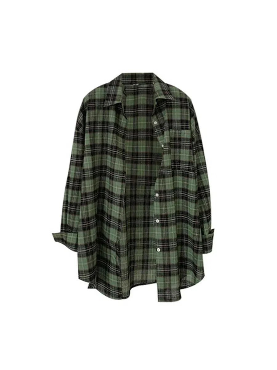 Camicia Ampia da Donna con Design Scozzese Classico retrò, Colletto rovesciato, Camicette da Donna a Maniche Lunghe, Primavera Estate, Vintage Oversize, Chic-Verde-M