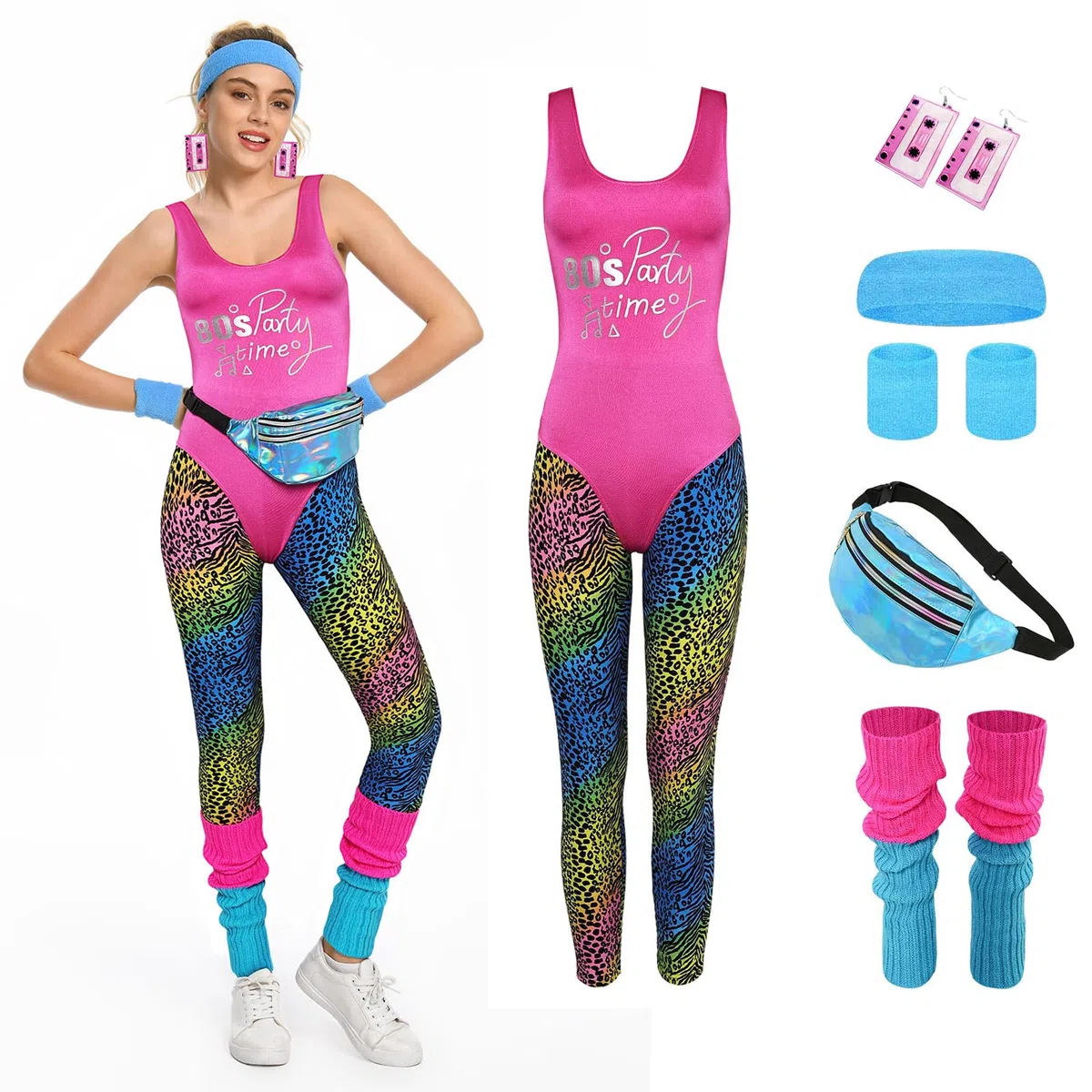 Costume da fitness anni '80 da donna, set di 6 pezzi, tuta colorata per aerobica, abbigliamento da yoga e pantaloni sportivi
