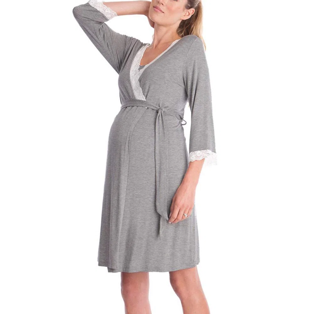Bysion Donna Set Vestaglia e Camicia Cotone Allattamento Premaman Elegante Scollo a V Pizzo Vestito Pigiami Casa Casual Comodo - Pacco da 2